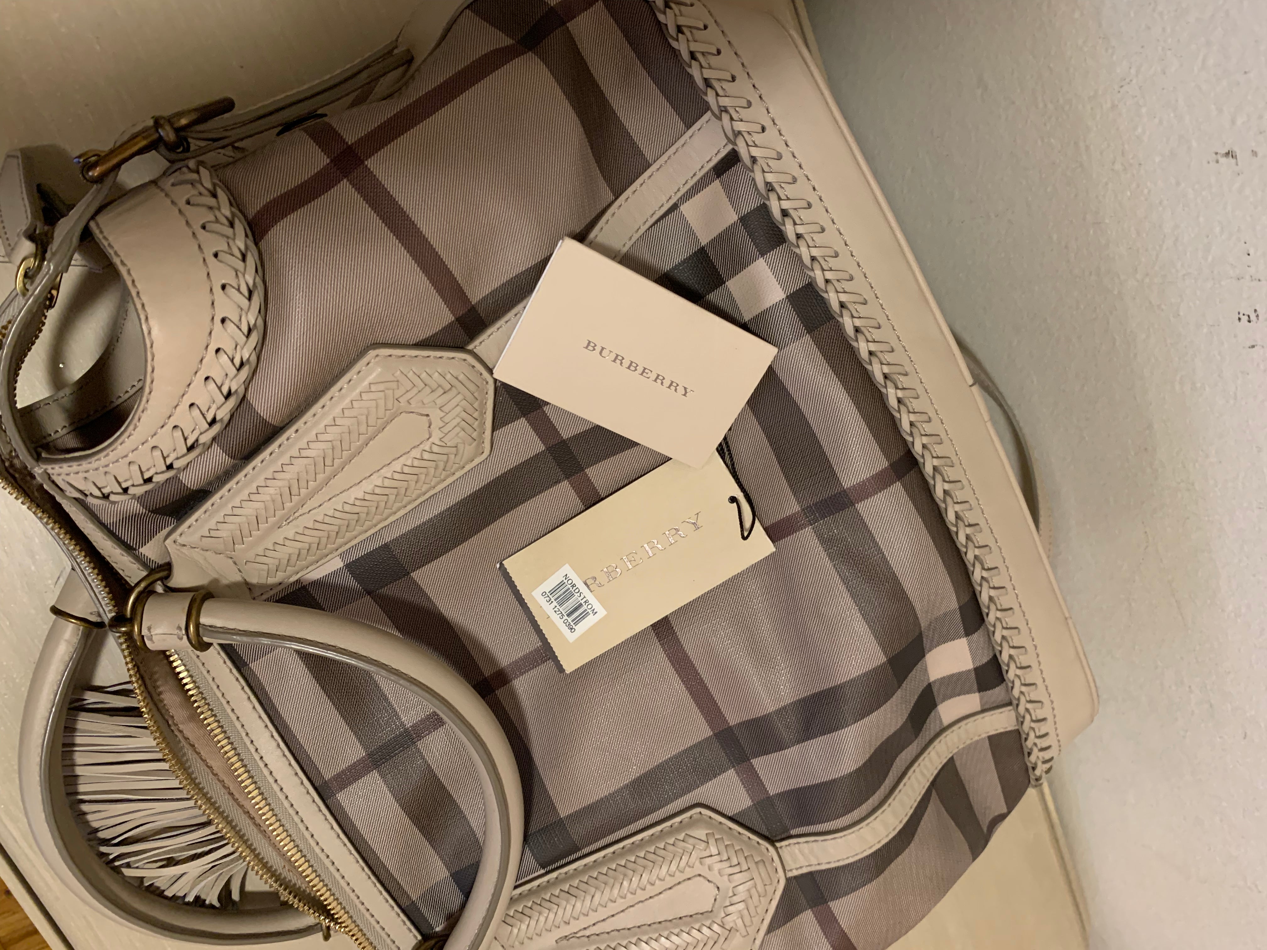 BURBERRY Smoked Check & Woven Leather Medium Landscape Ellers Tote