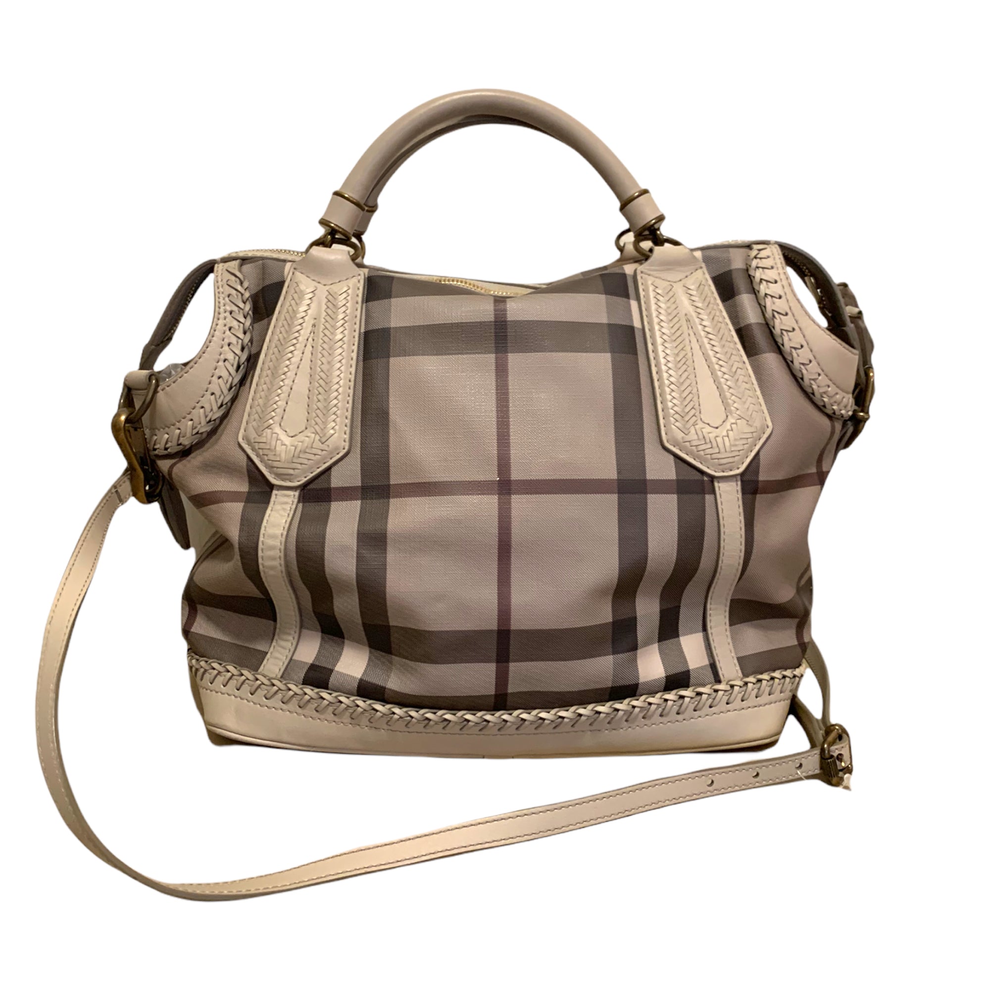 BURBERRY Smoked Check & Woven Leather Medium Landscape Ellers Tote