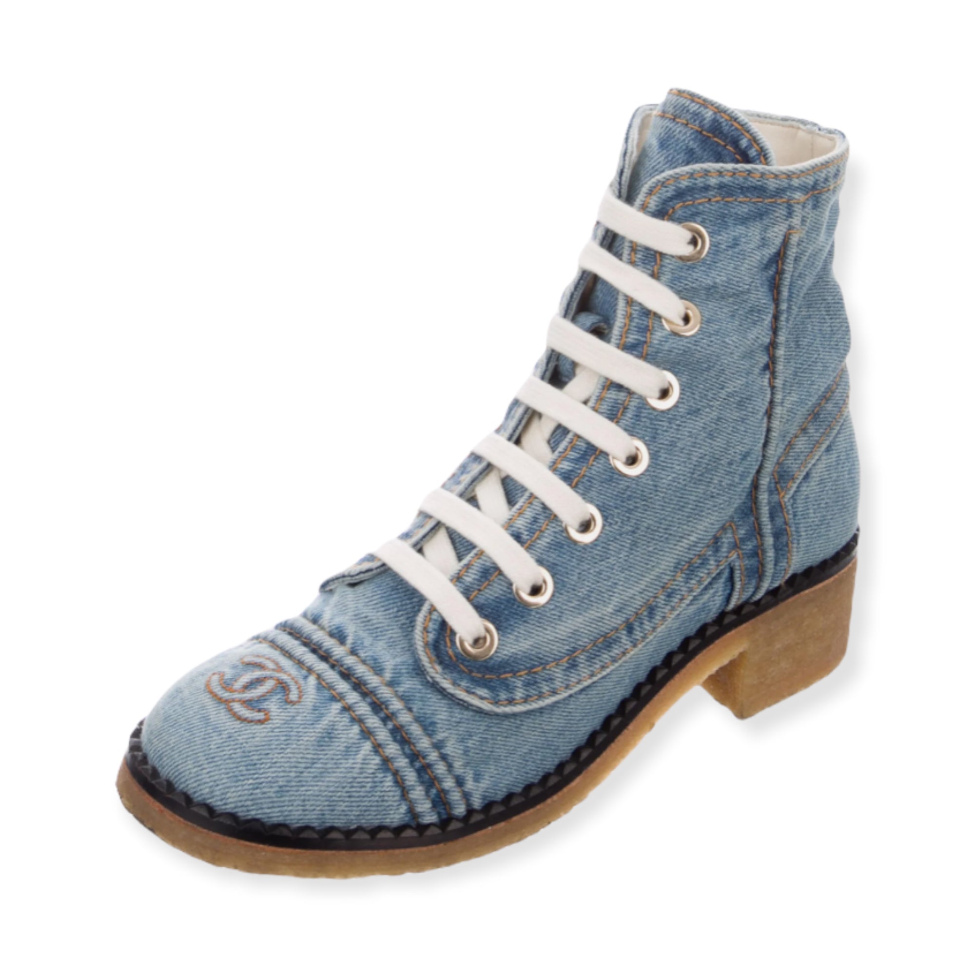 CHANEL 2020 Denim Interlocking CC Logo Combat Boots |Size: EU 38|