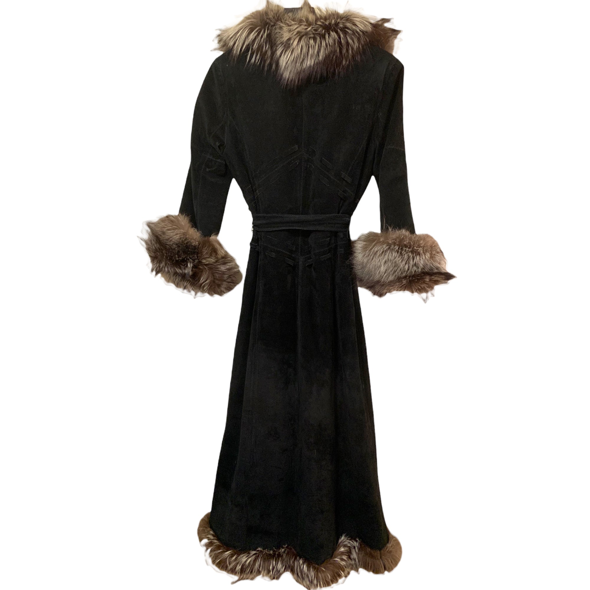 ST. JOHN Suede, Dyed Broadtail Persian Lamb & Silver Fox Fur Trim Long Coat