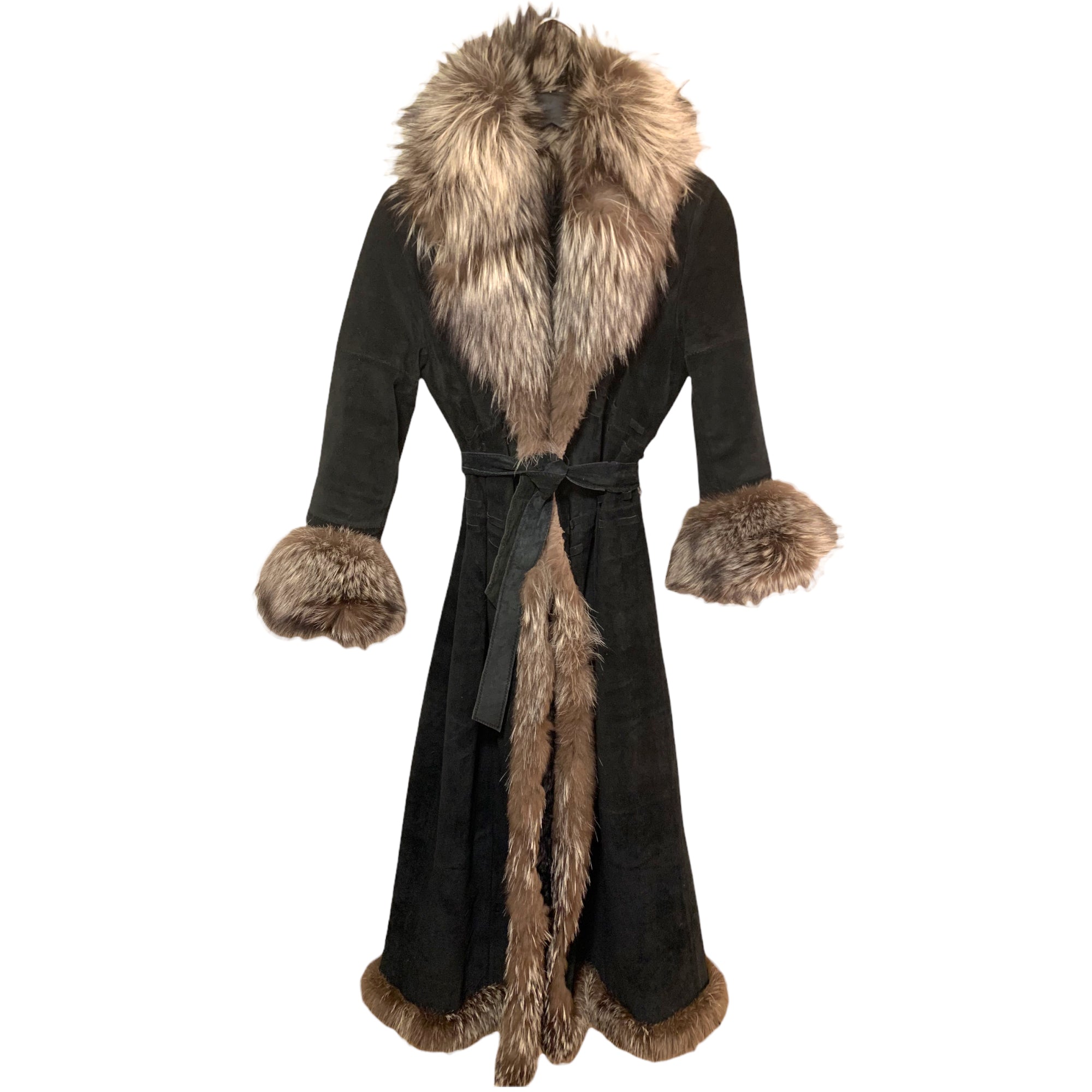ST. JOHN Suede, Dyed Broadtail Persian Lamb & Silver Fox Fur Trim Long Coat