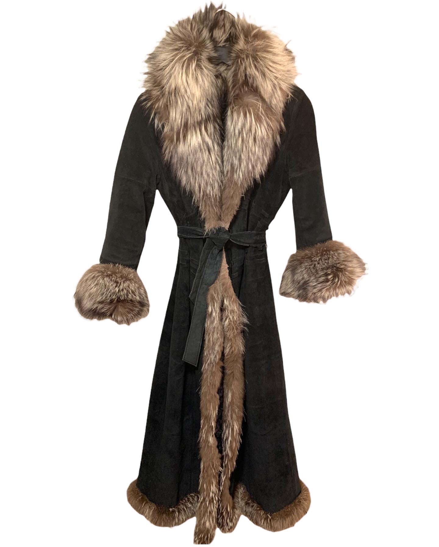 ST. JOHN Suede, Dyed Broadtail Persian Lamb & Silver Fox Fur Trim Long Coat
