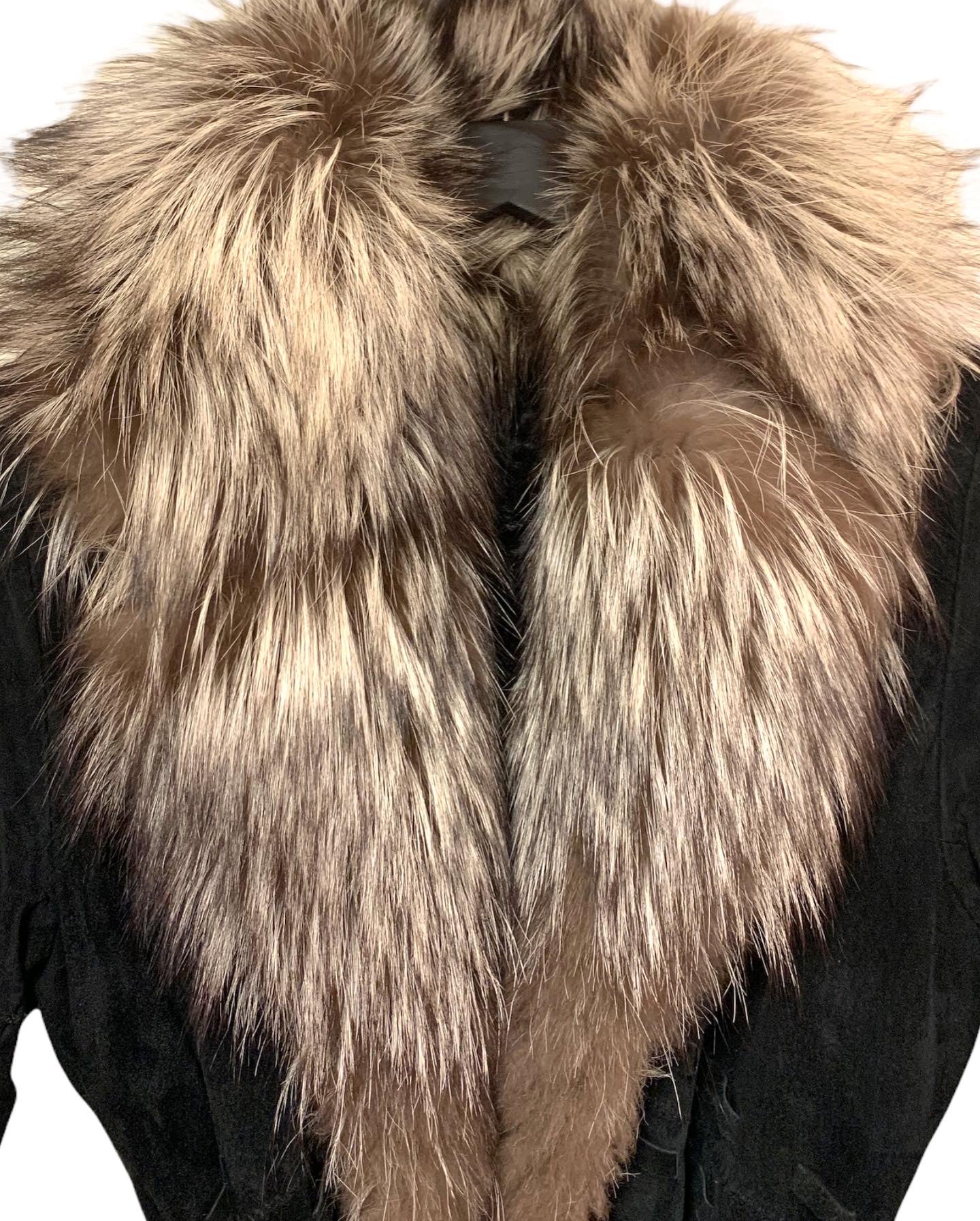 ST. JOHN Suede, Dyed Broadtail Persian Lamb & Silver Fox Fur Trim Long Coat