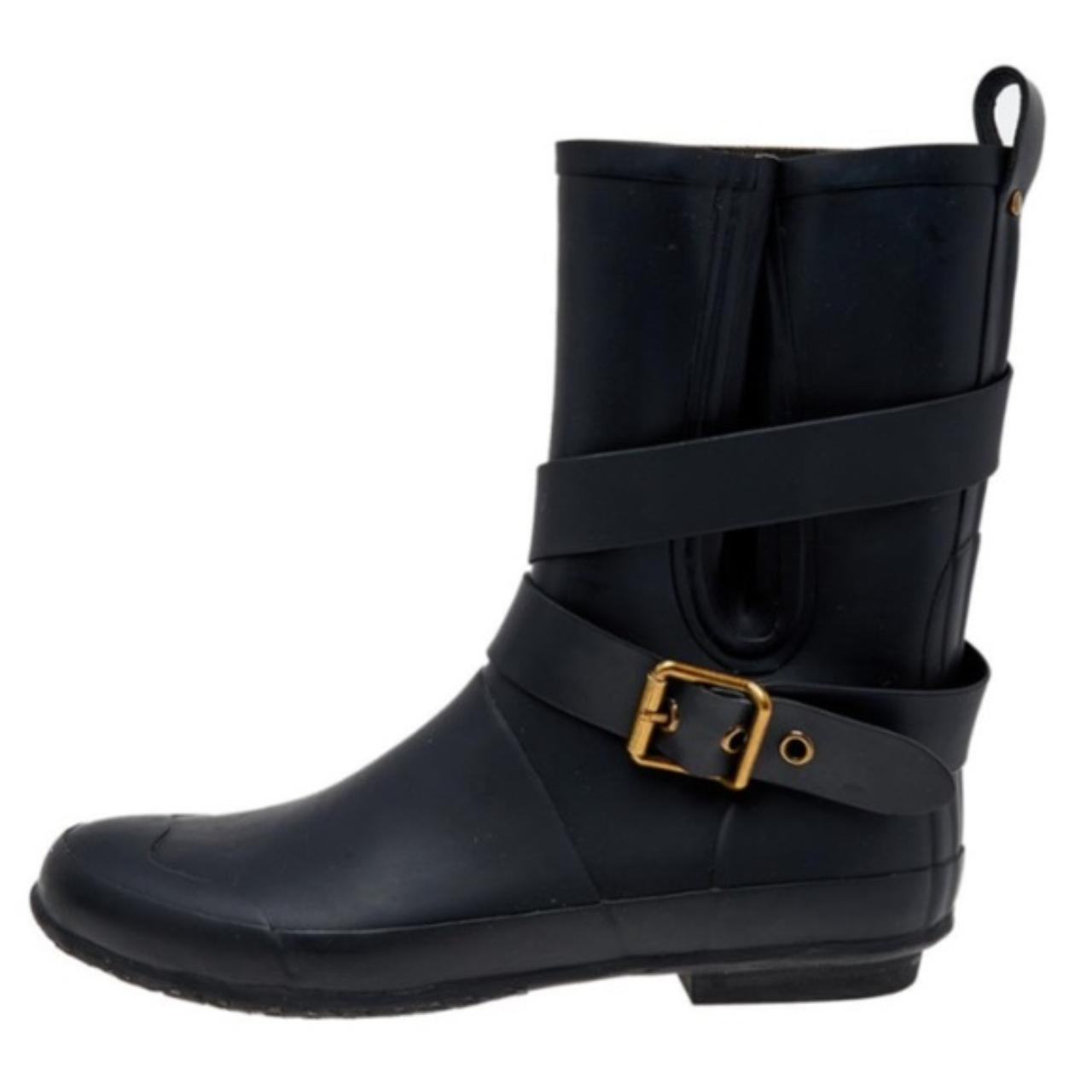 Burberry Black/Check Print Inside Rubber Buckle Rain Boots/Booties