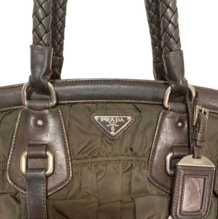 Prada Green/Brown Tessuto Gaufre Nylon and Leather Frame Satchel