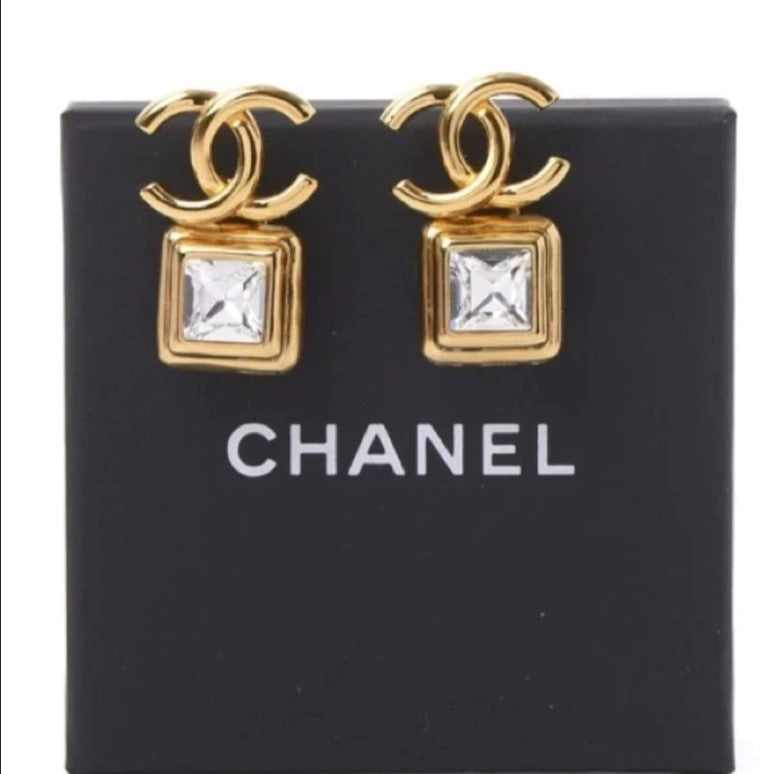 CHANEL Crystal CC Square Earrings Gold