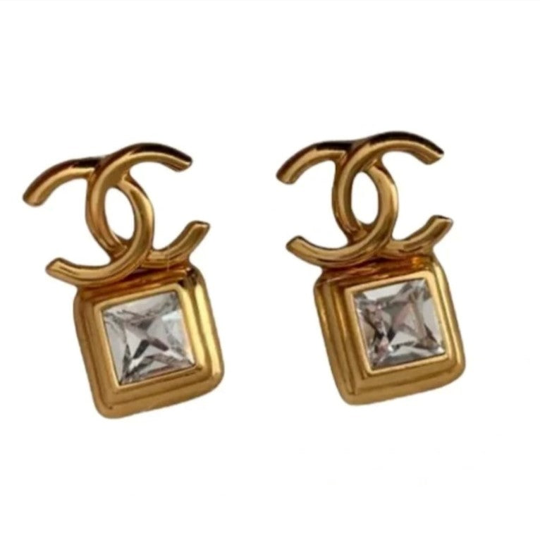 CHANEL Crystal CC Square Earrings Gold