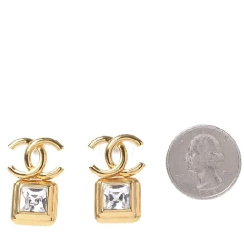 CHANEL Crystal CC Square Earrings Gold