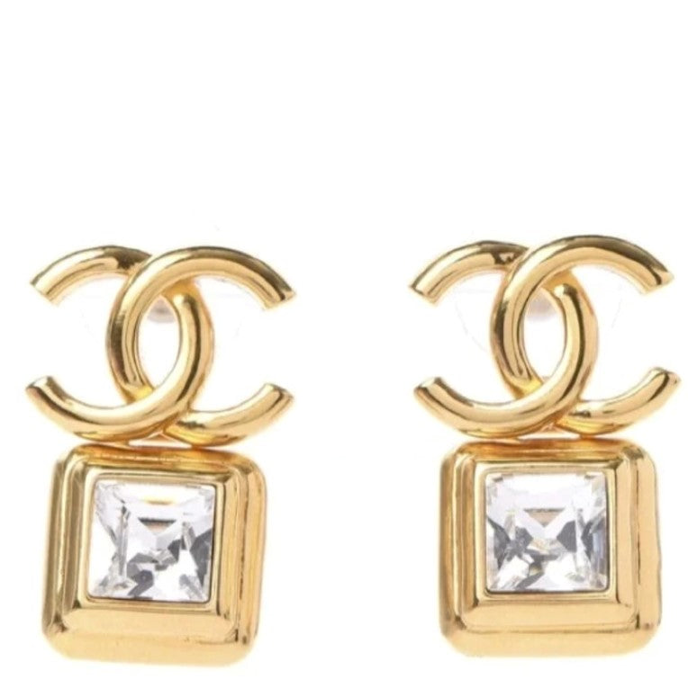 CHANEL Crystal CC Square Earrings Gold