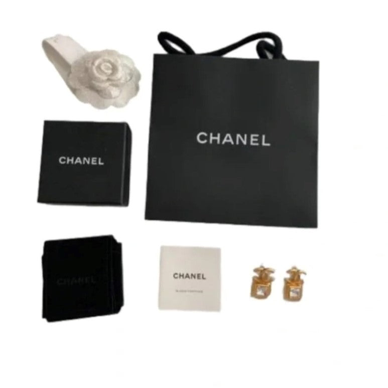CHANEL Crystal CC Square Earrings Gold