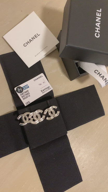 Chanel Silver interlocking CC Logo and Baguette Crystal Stud Earrings