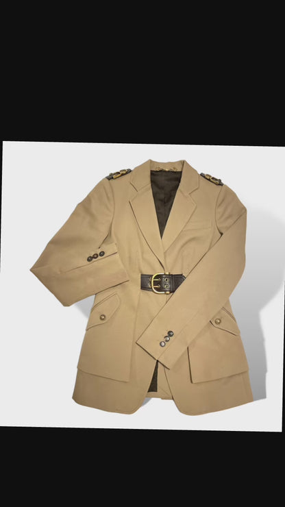Gucci Military Inspired Beige Canvas Jacket with Horse-bit Motif Accents