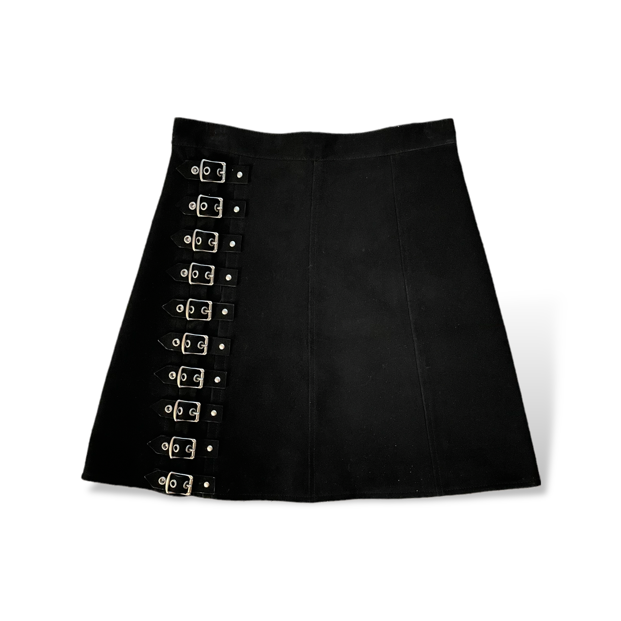 SAINT LAURENT Paris Black Genuine Suede Skirt with Logo embossed buckles