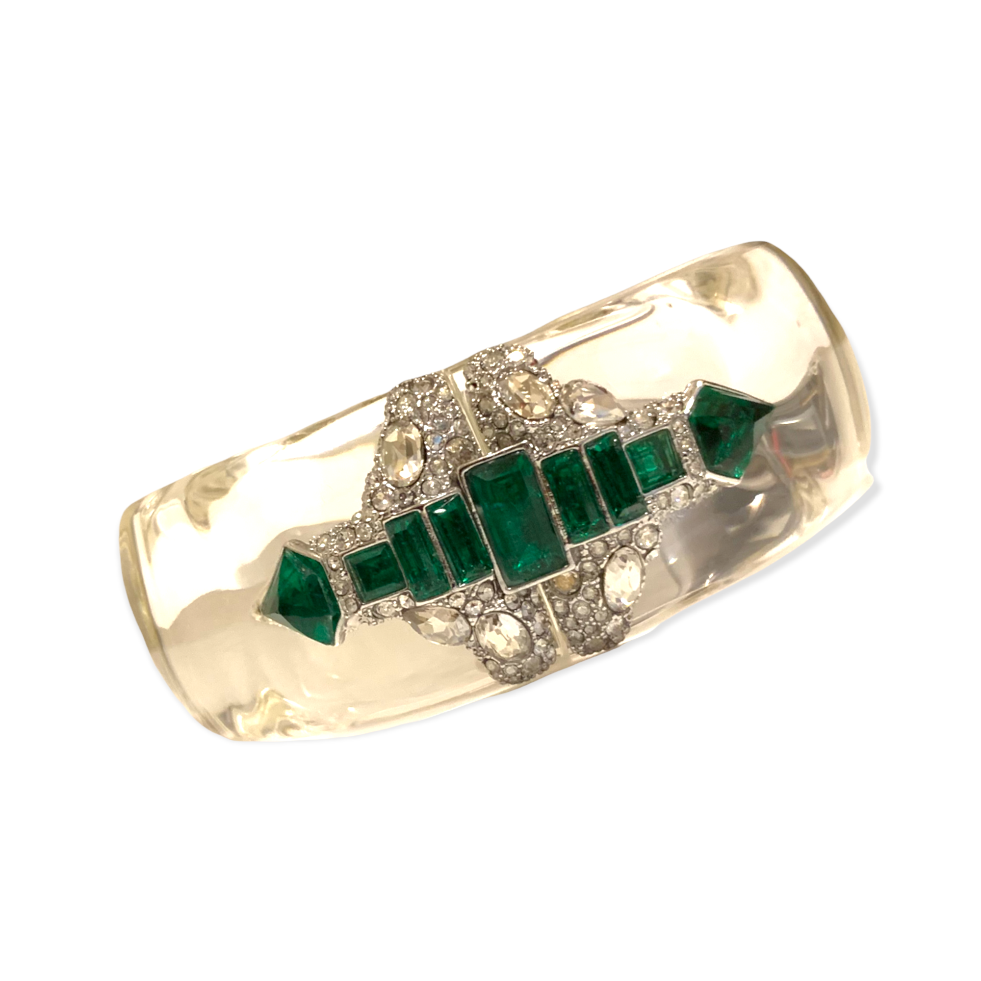 ALEXIS BITTAR Clear Lucite Bangle encrusted with Emerald Green & Clear Crystals