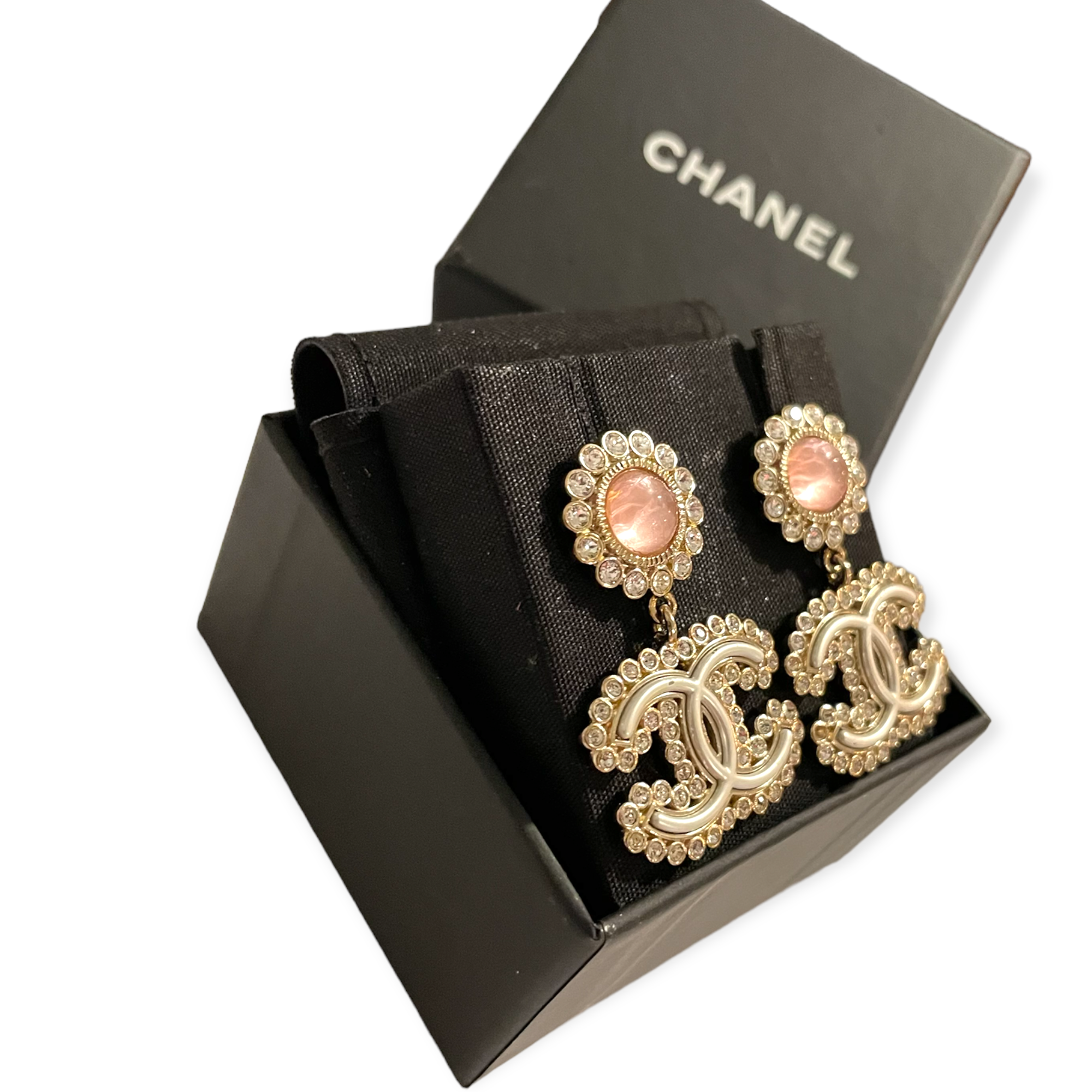 CHANEL Crystal CC Logo Drop with Pink Resin & Crystal Stud Dangling Earrings