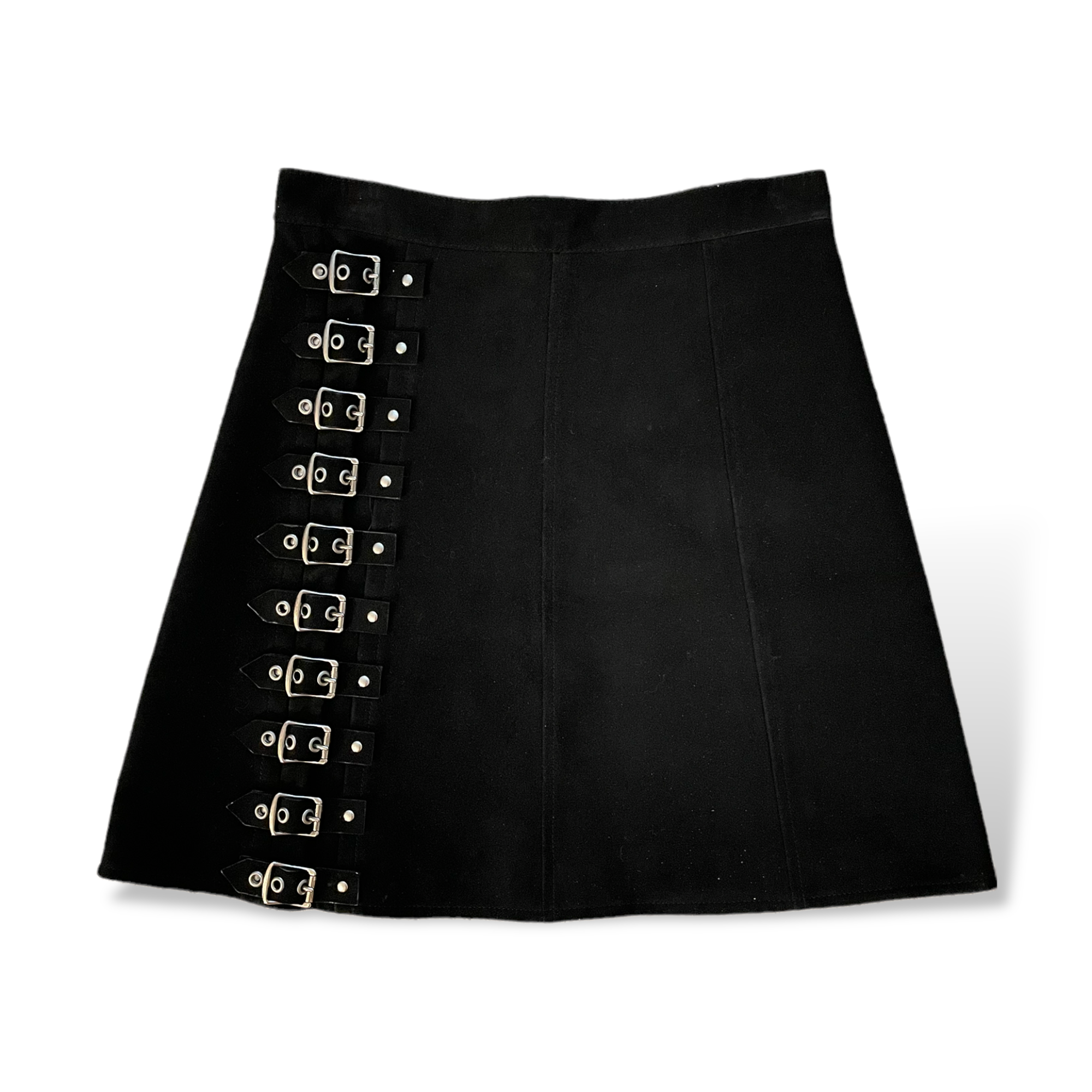 SAINT LAURENT Paris Black Genuine Suede Skirt with Logo embossed buckles