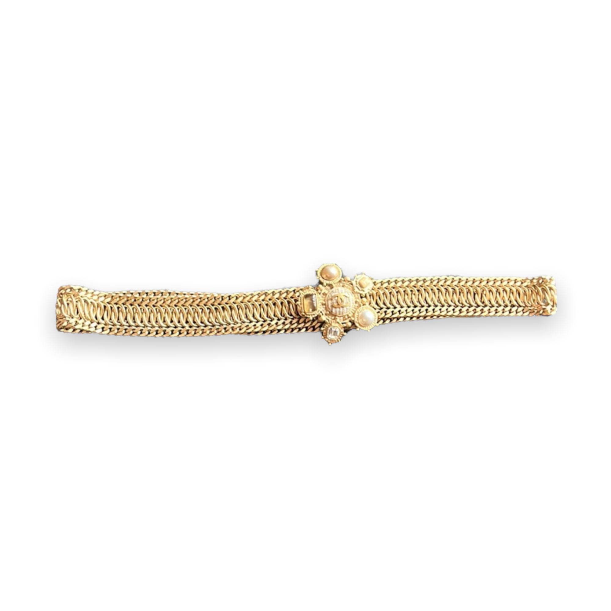CHANEL Vintage Flattened Gold-Tone Metal Chain Belt with Stone Set Buckle