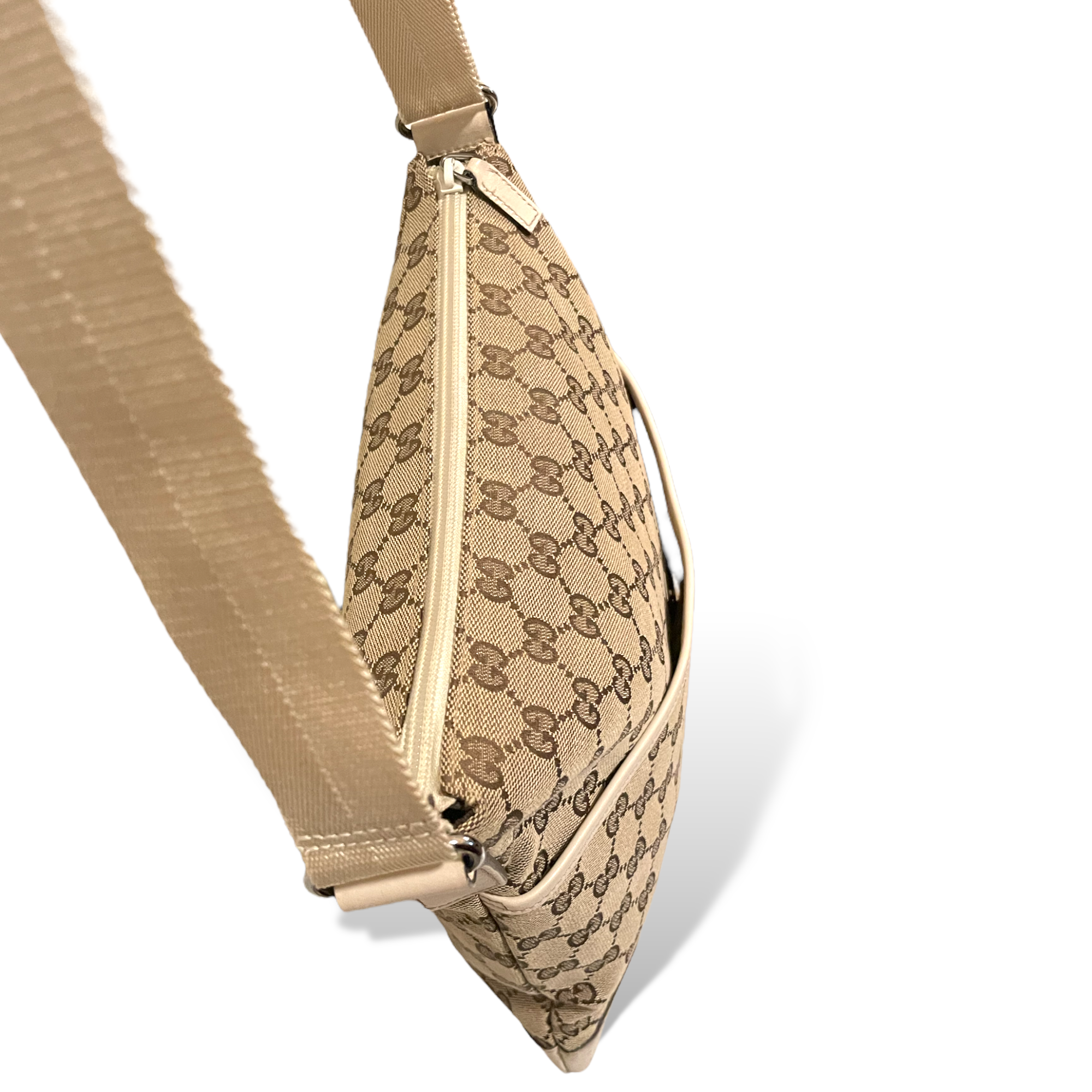 GUCCI Double GG Monogram Brown & Beige Canvas & White Perforated Leather Trim Crossbody Messenger Bag
