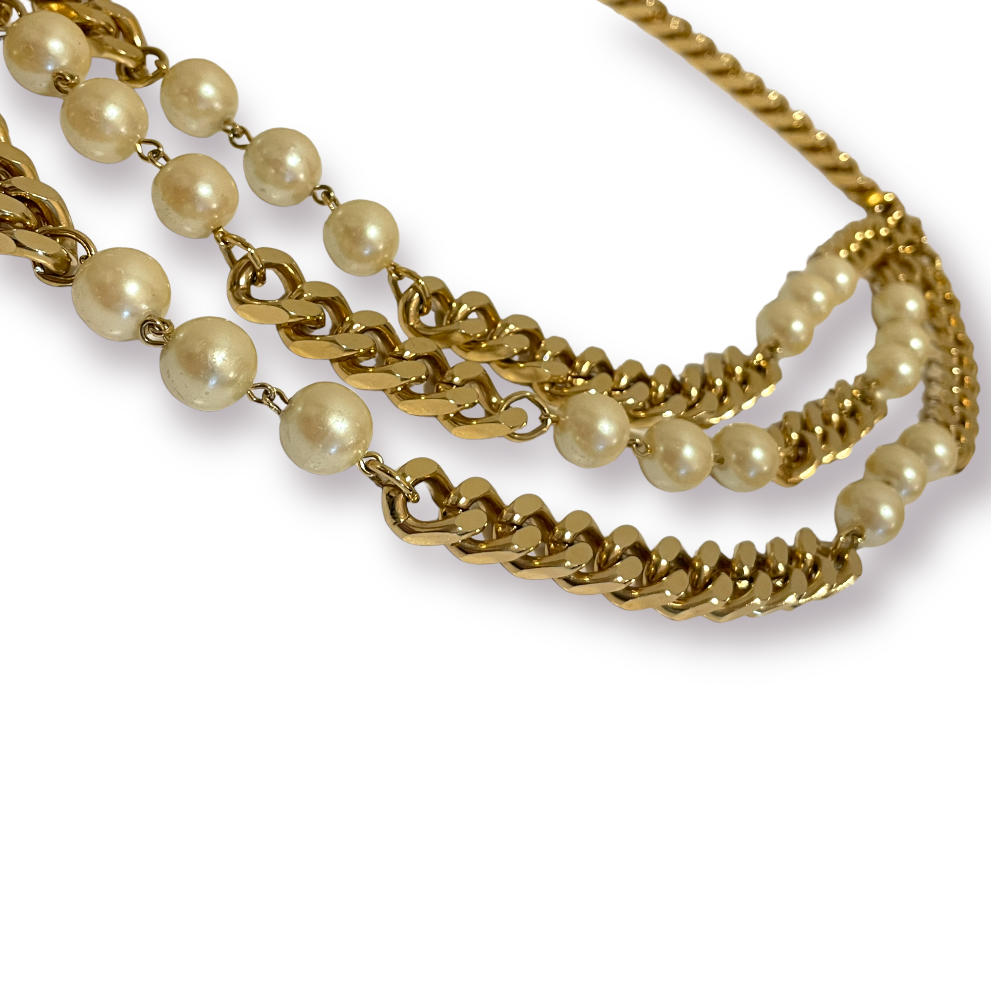 NEIMAN MARCUS Gold Tone Metal & Pearl Cuban Link Chain Belt