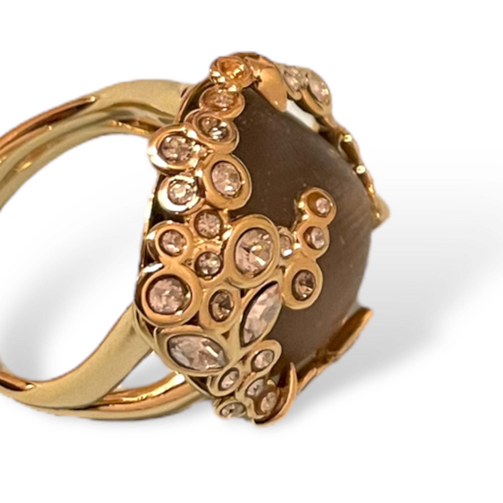 ALEXIS BITTAR 18k Gold Plated Ring with Hand Carved Lucite Center & Crystal Encrusted Accents