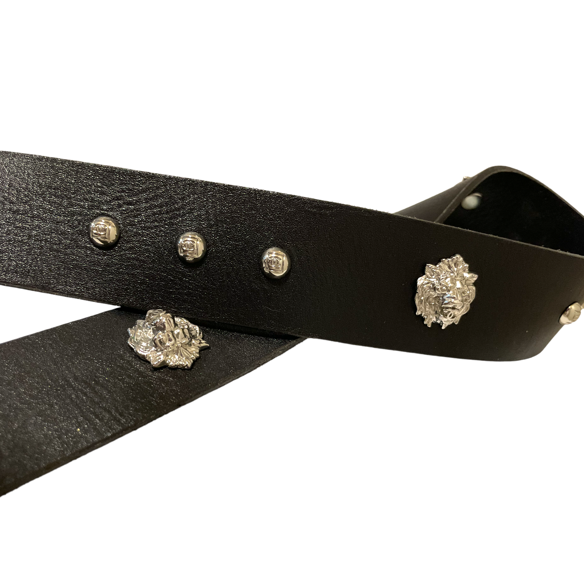 CHANEL Black Leather CC Stud & Lion Motif Belt, Silver Hardware | SIZE: 32/80