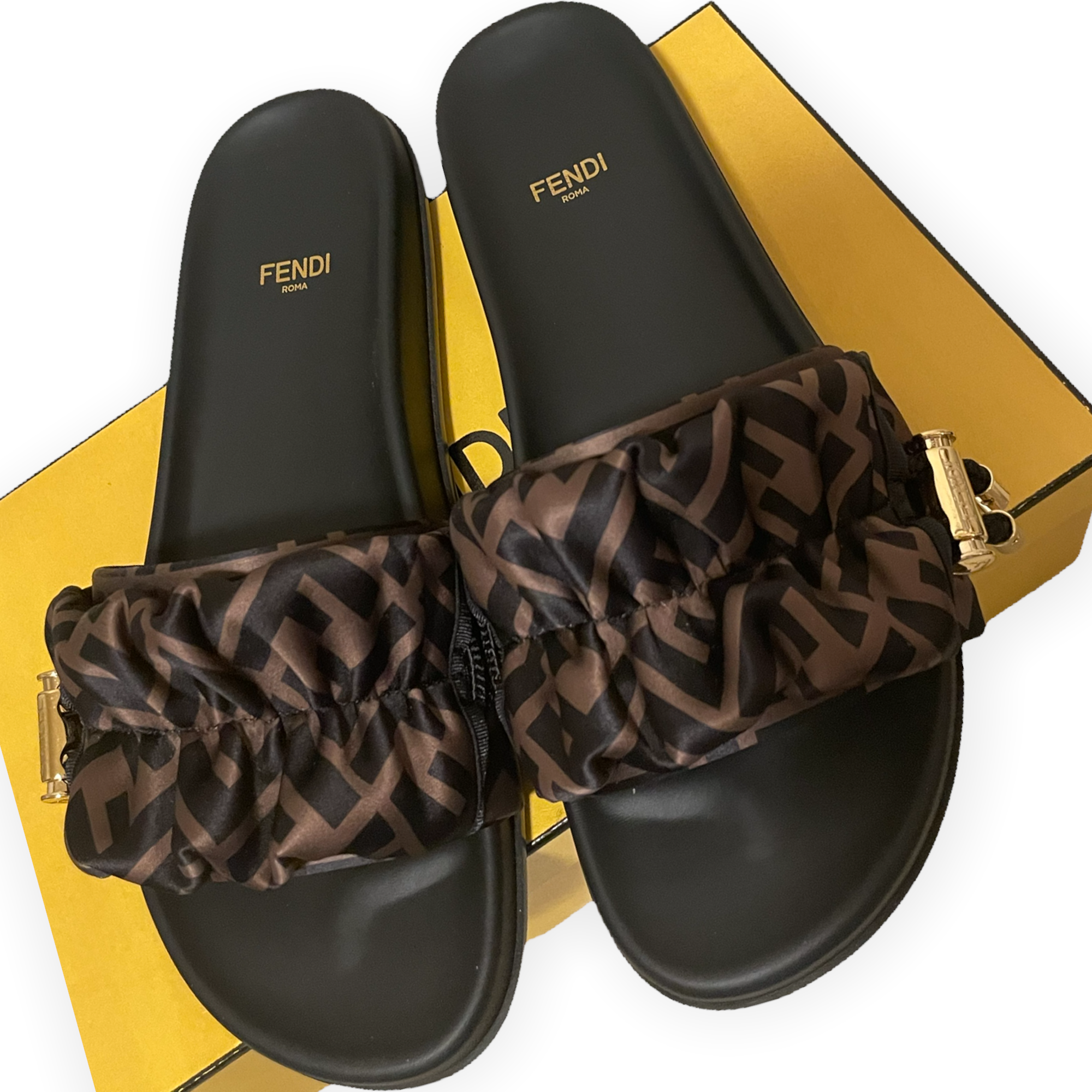 Fendi Feel Brown Zucca Print Satin Slides |Size: 39|