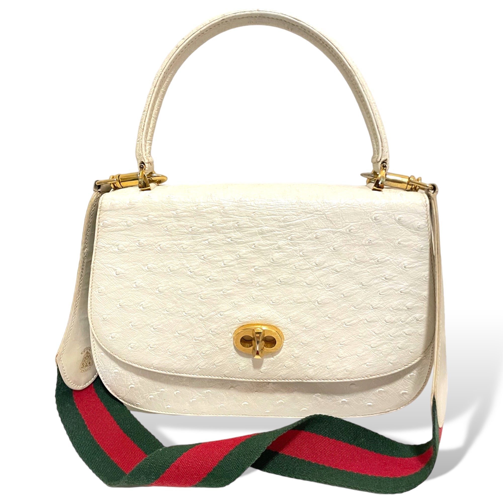 Gucci Bone White Ostrich Top Handle with Gold Turn Lock Clasp Circa 1950's