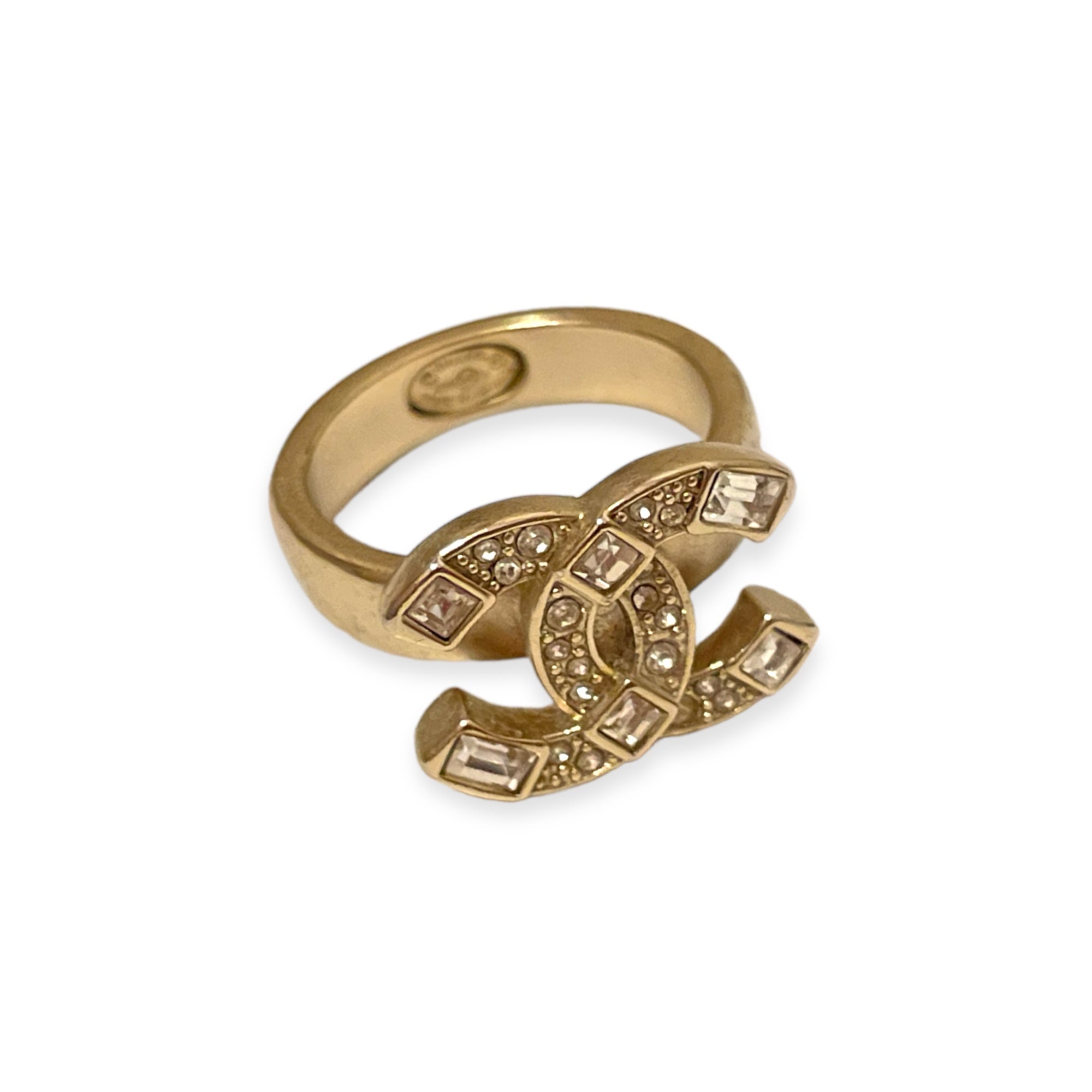 CHANEL CC Logo Ring in Champagne Gold/Crystals & Baguettes |Size:6|