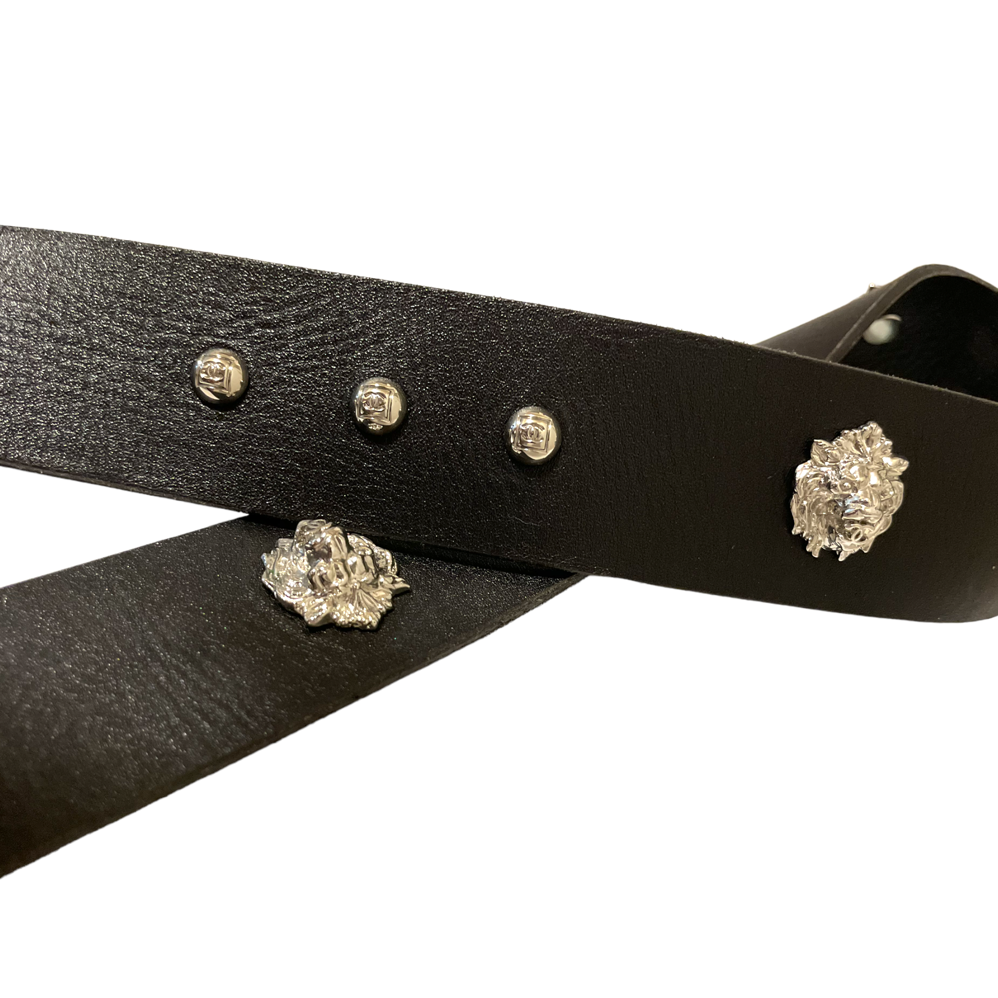 CHANEL Black Leather CC Stud & Lion Motif Belt, Silver Hardware | SIZE: 32/80