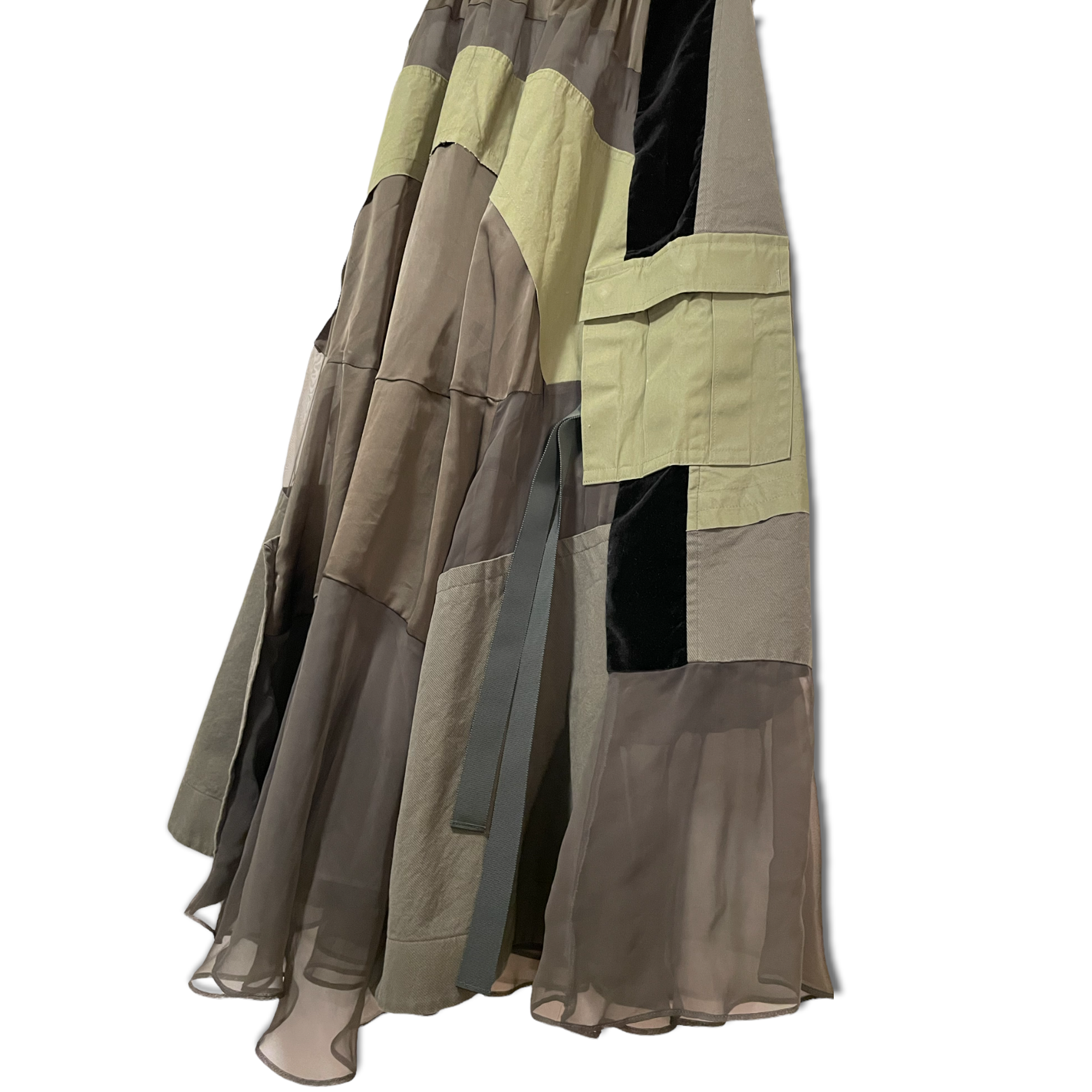 Sacai Paneled Asymmetric Satin, Velvet, Twill And Chiffon Wrap Maxi Skirt