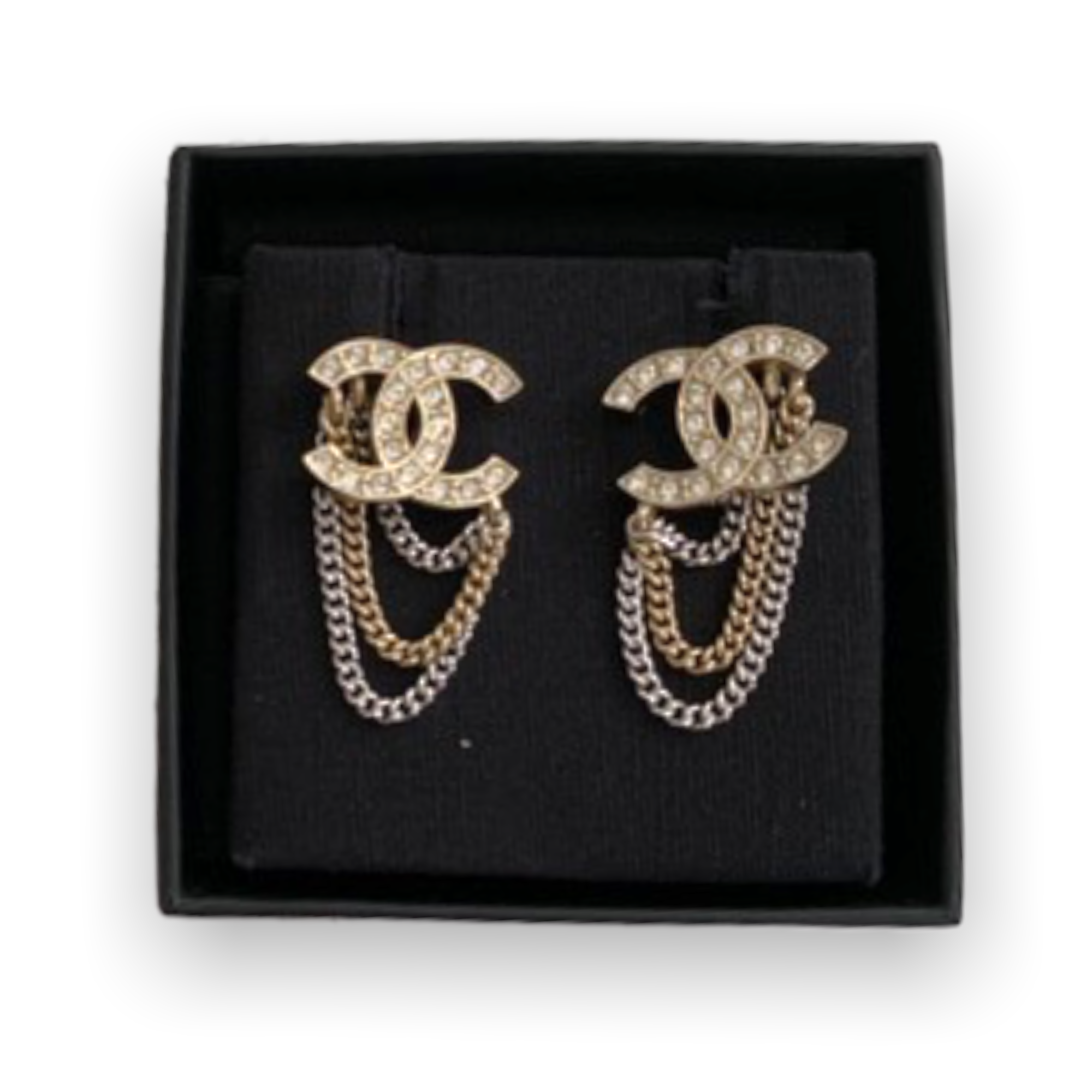 Chanel Gold & Mixed Metal Chain CC Logo & Crystals Studded Earrings