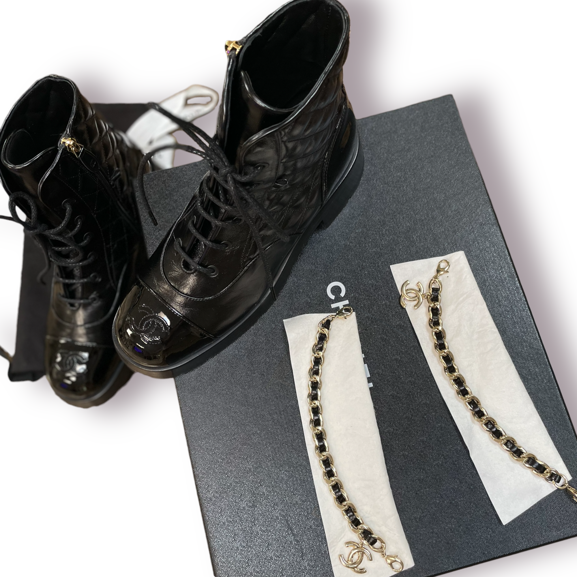 Chanel NIB 2021 Black Lace Ups Combat Boots