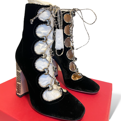 Valentino Garavani Black Velvet with Snake Skin Trim Lace up Ankle Booties - photo 12 of 12