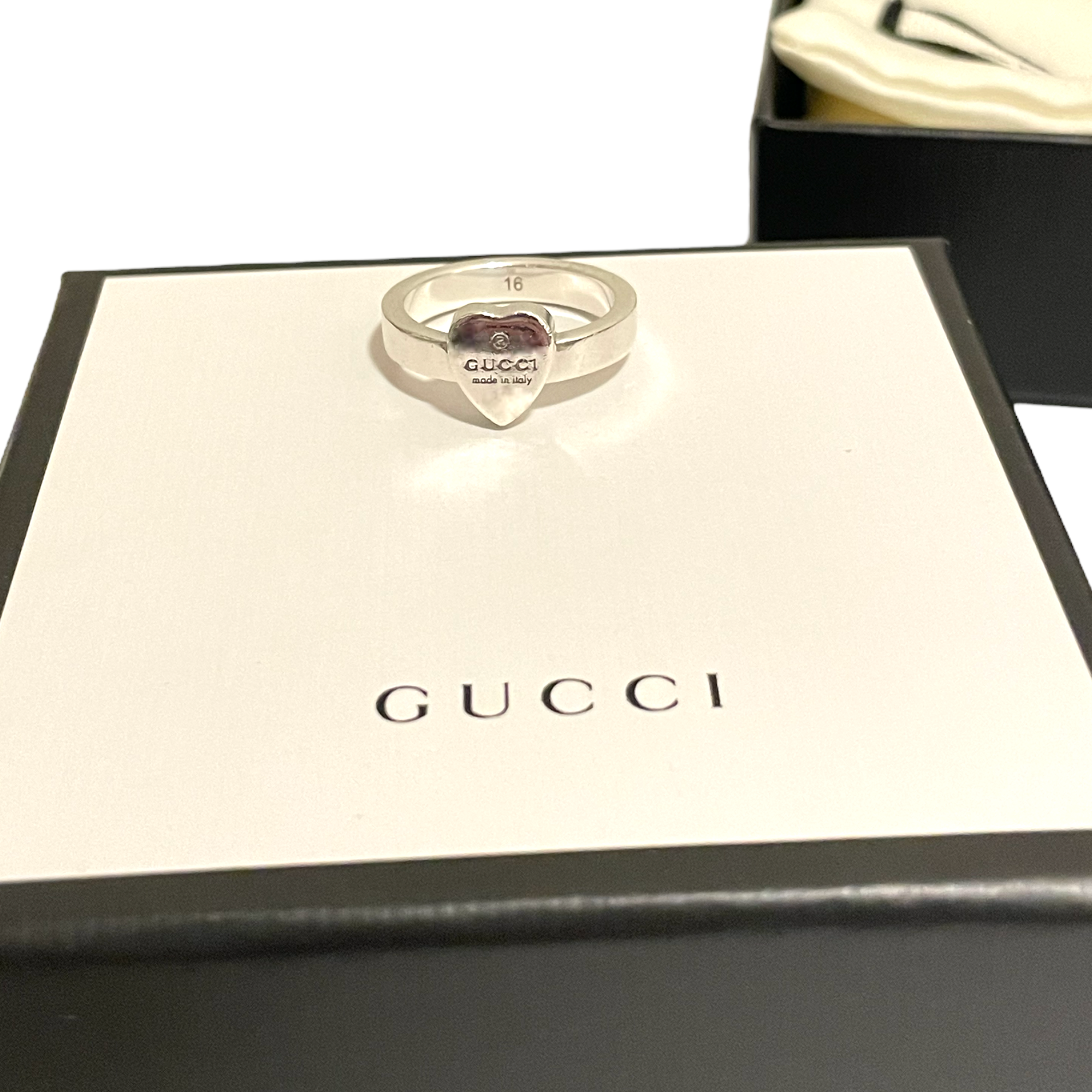 GUCCI Sterling Silver Trademark ring with heart pendant  | Size: GUCCI: 16/ US 7.5 |