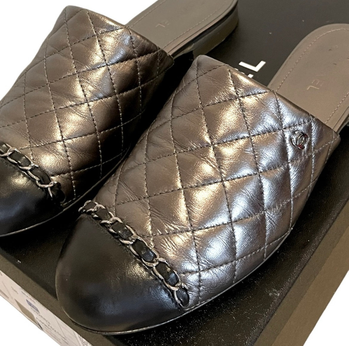 Chanel Iridescent Silver & Black Quilted Lambskin Mules