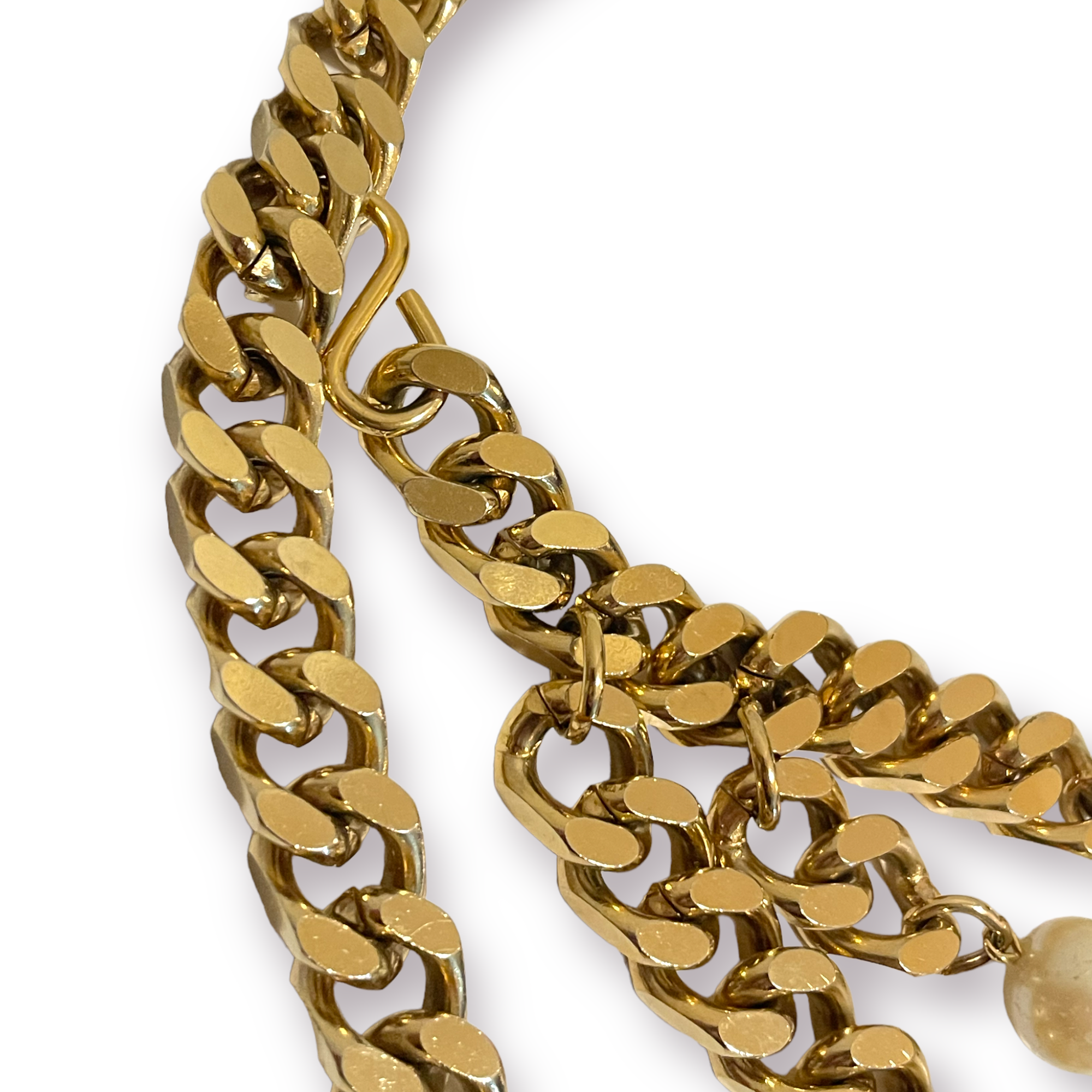 NEIMAN MARCUS Gold Tone Metal & Pearl Cuban Link Chain Belt