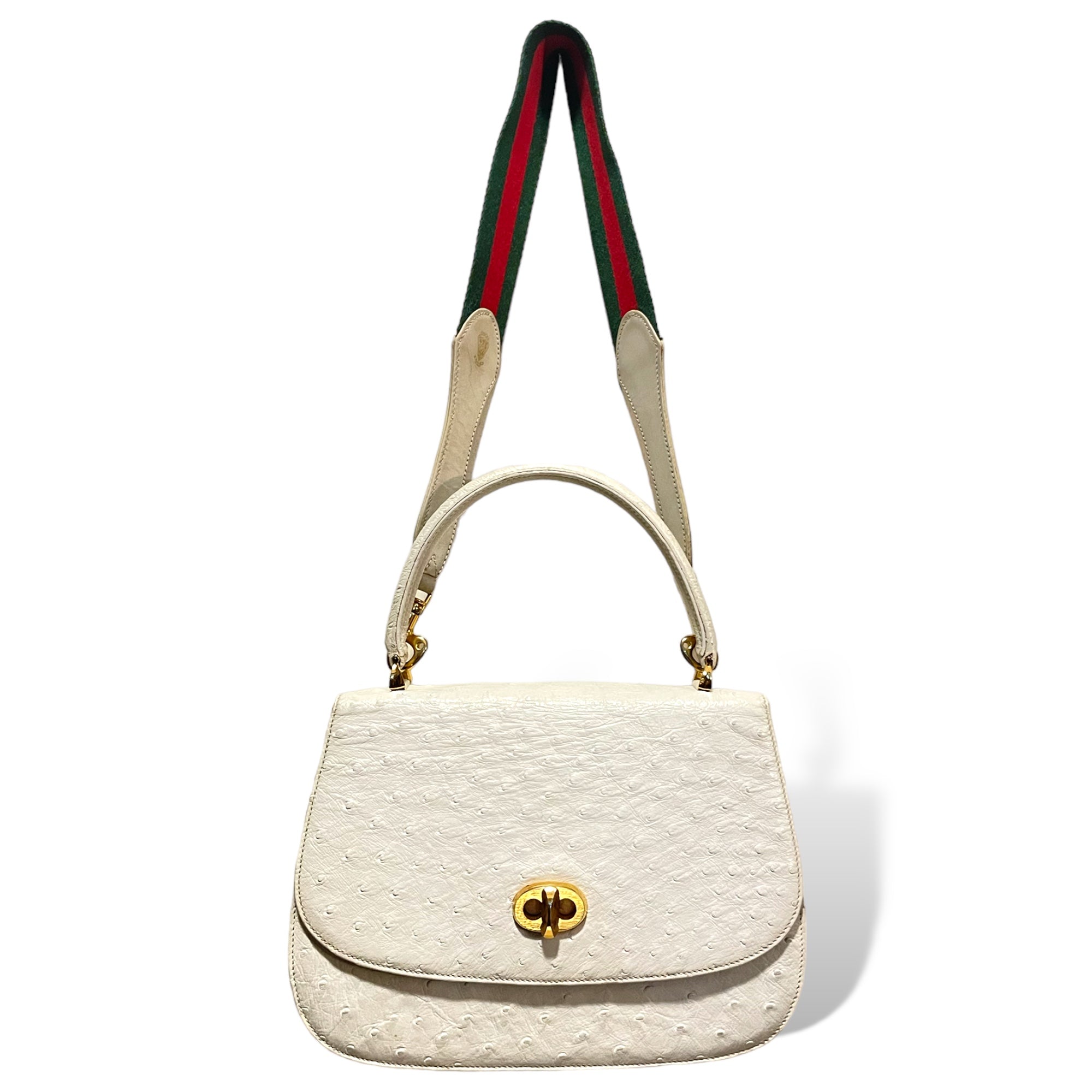 Gucci Bone White Ostrich Top Handle with Gold Turn Lock Clasp Circa 1950's