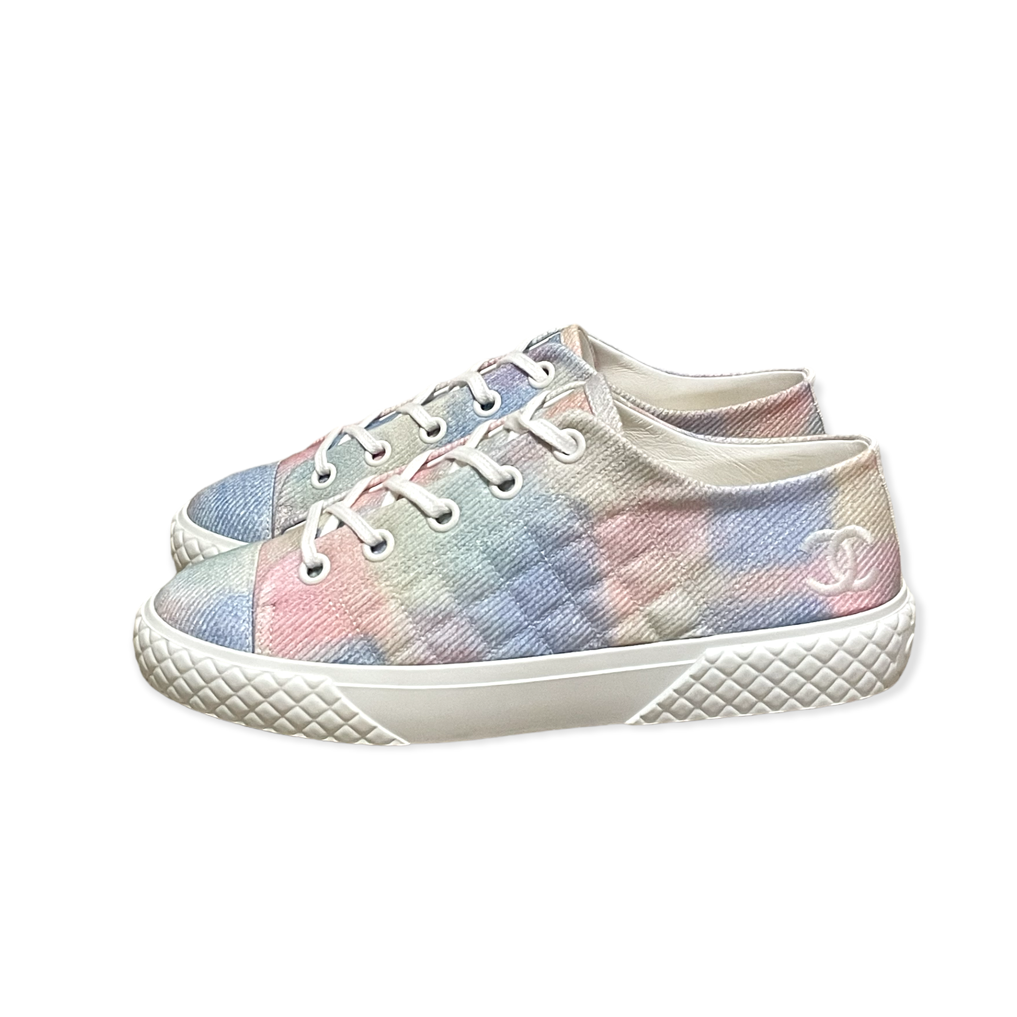 CHANEL 22C Printed Fabric Green, Pink, Blue & White Sneakers |Size:39|