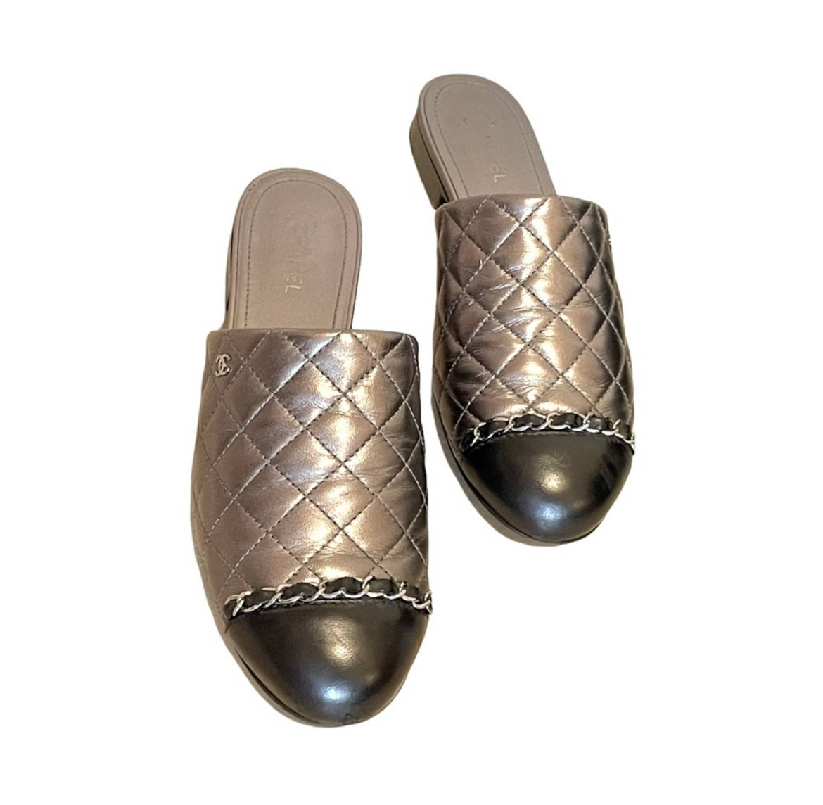 Chanel Iridescent Silver & Black Quilted Lambskin Mules
