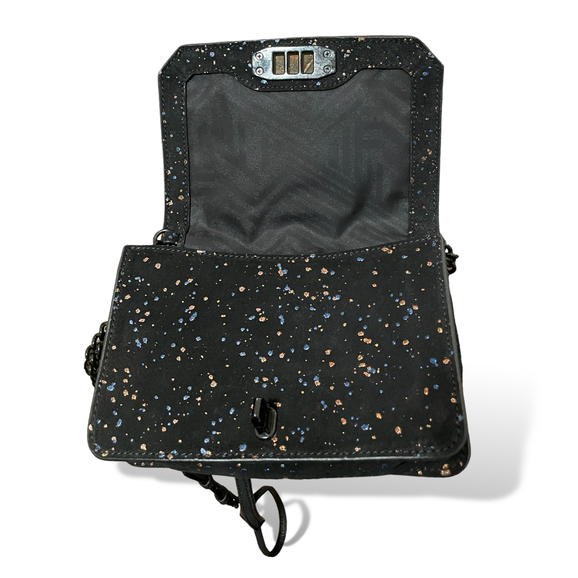 Rebecca Minkoff Black Hardware & Suede Crossbody Bag with Cobalt Blue & Rose Gold Splatter