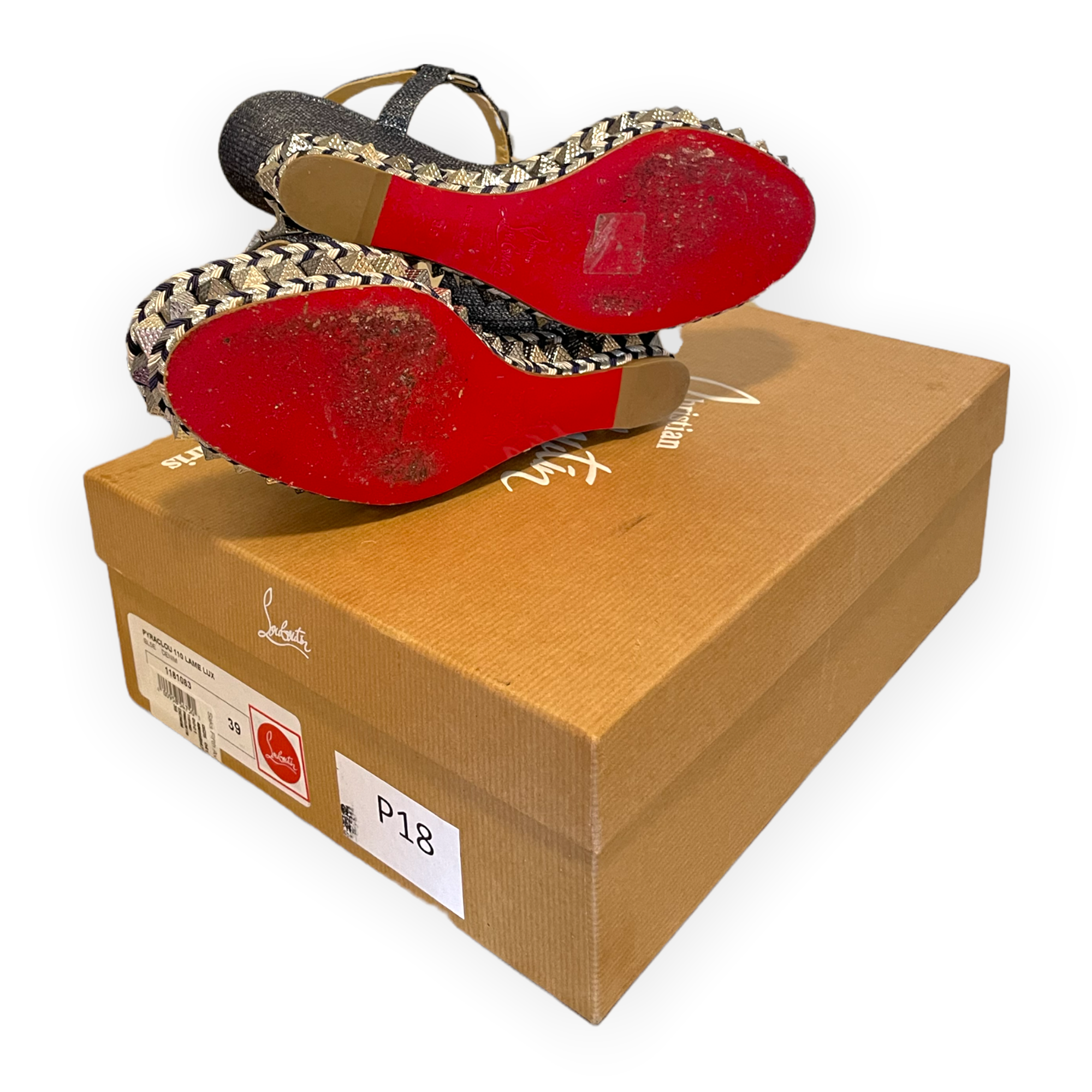 CHRISTIAN LOUBOUTIN Denim Lame Lux Pyraclou 110 Wedge Sandals |Size: 39|
