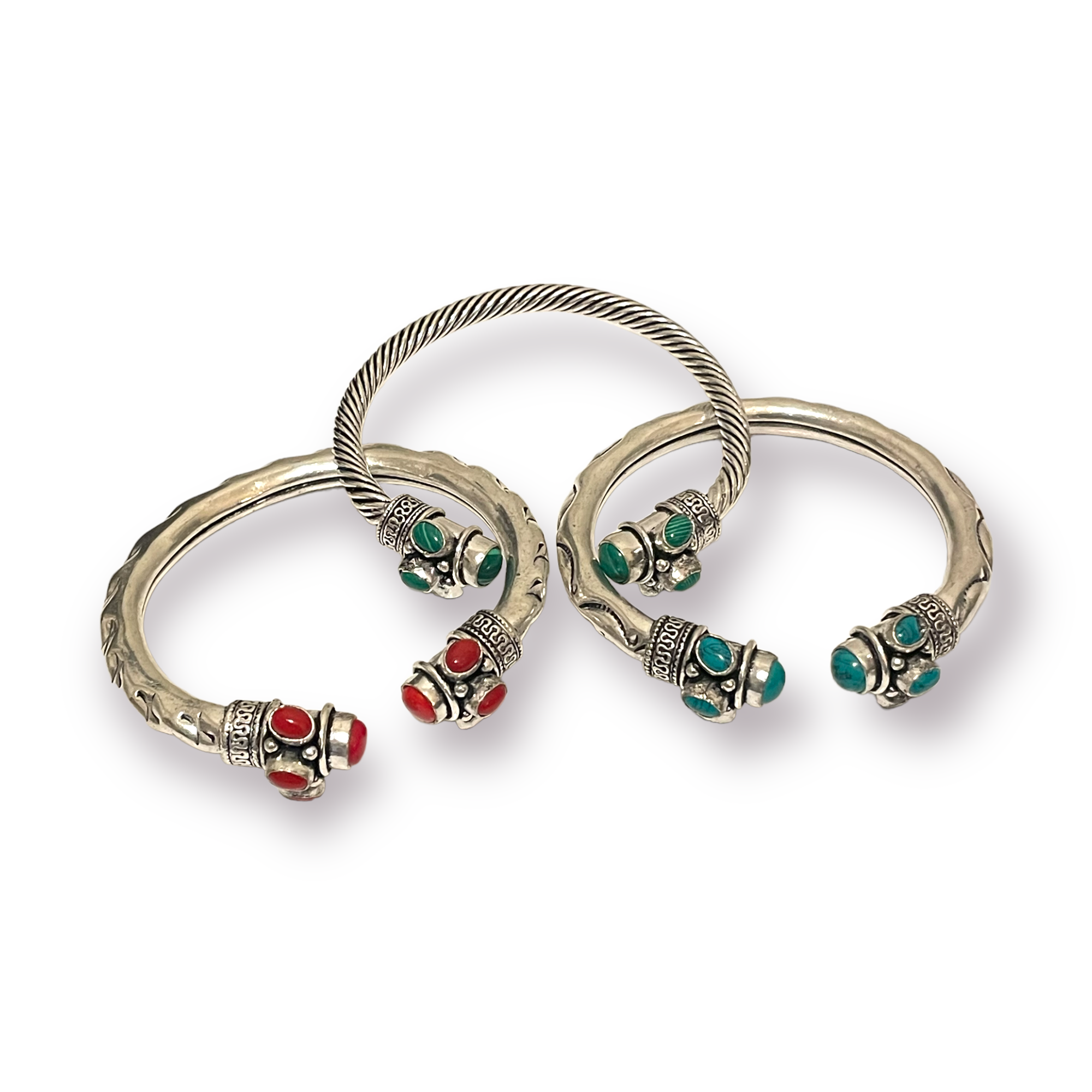 Semi-Precious Stone Accented Silver Tone Metal Bangles