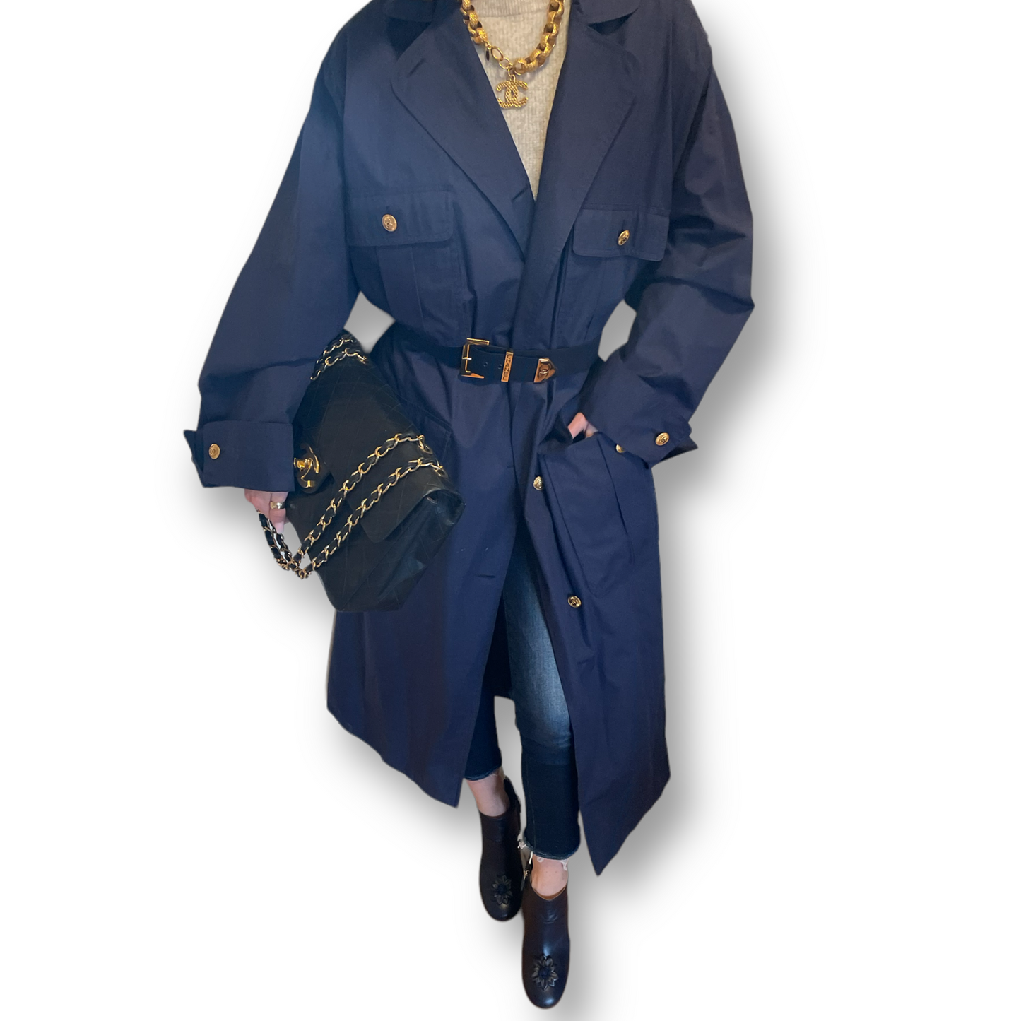 Vintage CHANEL Navy belted trench coat circa 1980