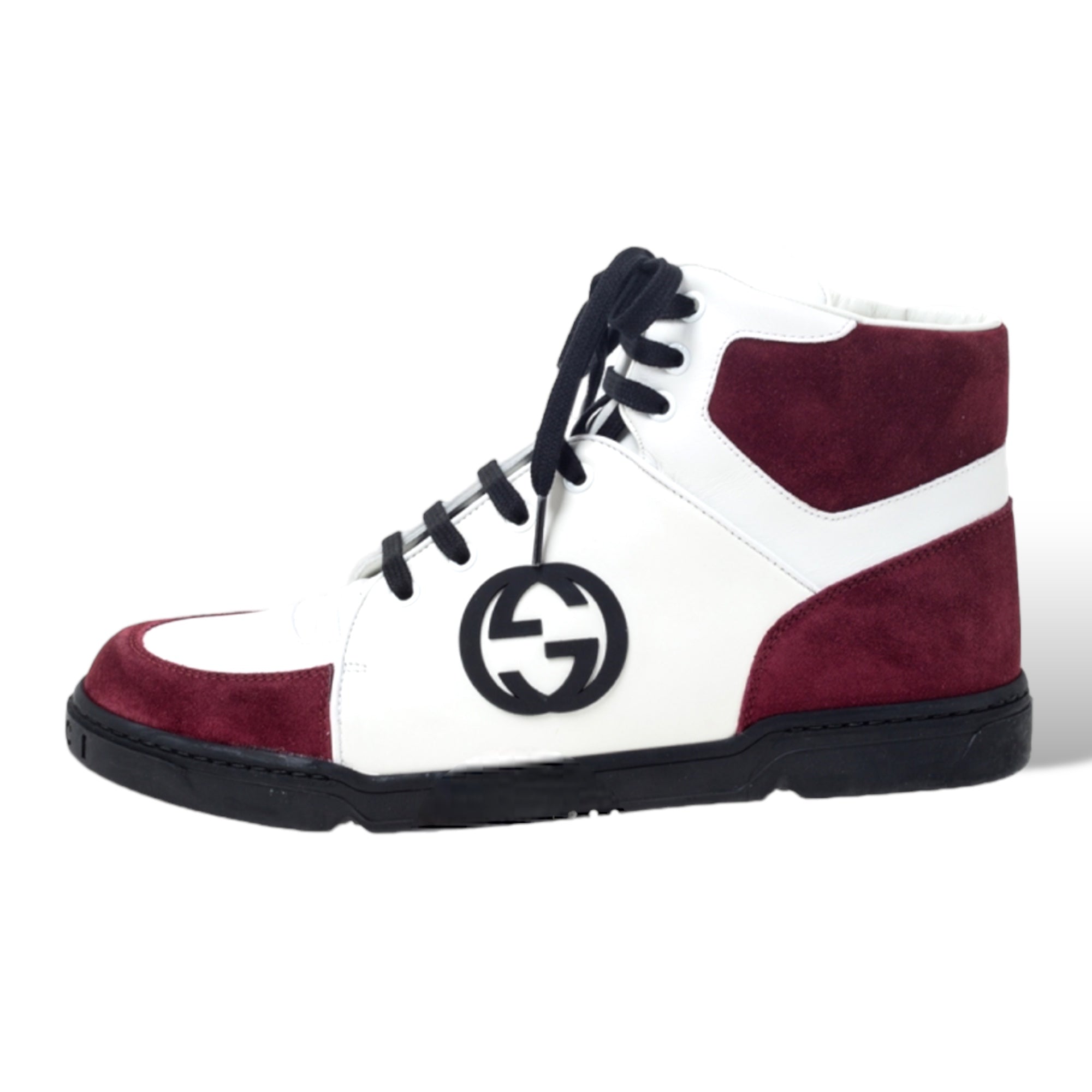 GUCCI Mens Burgundy/White Leather GG Interlocking Logo High Top Sneakers |10.5|