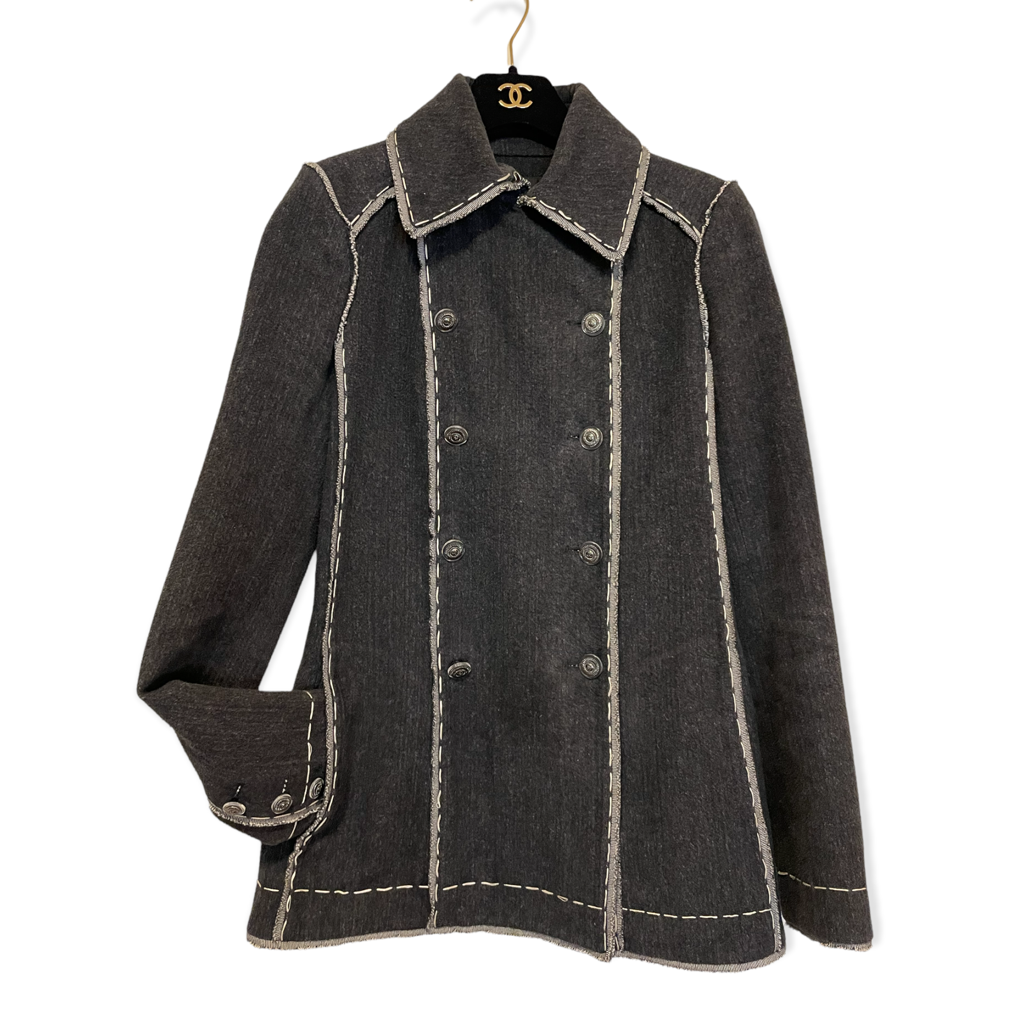 CHANEL 2010 double-breasted denim jacket silver-tone embossed buttons
