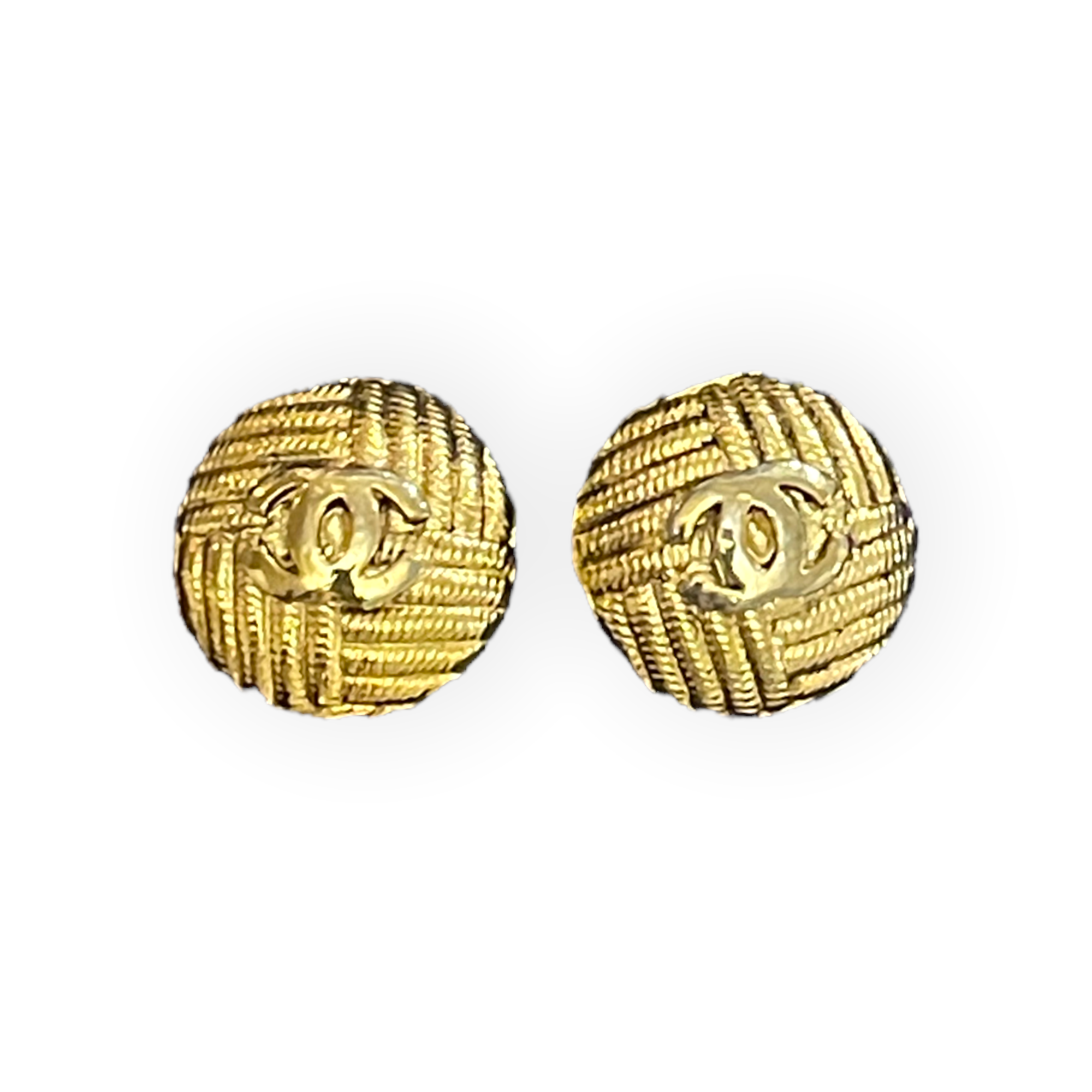 Two AUTHENTIC CHANEL Gold Tone Metal with interlocking CC logo and embossed woven design Buttons