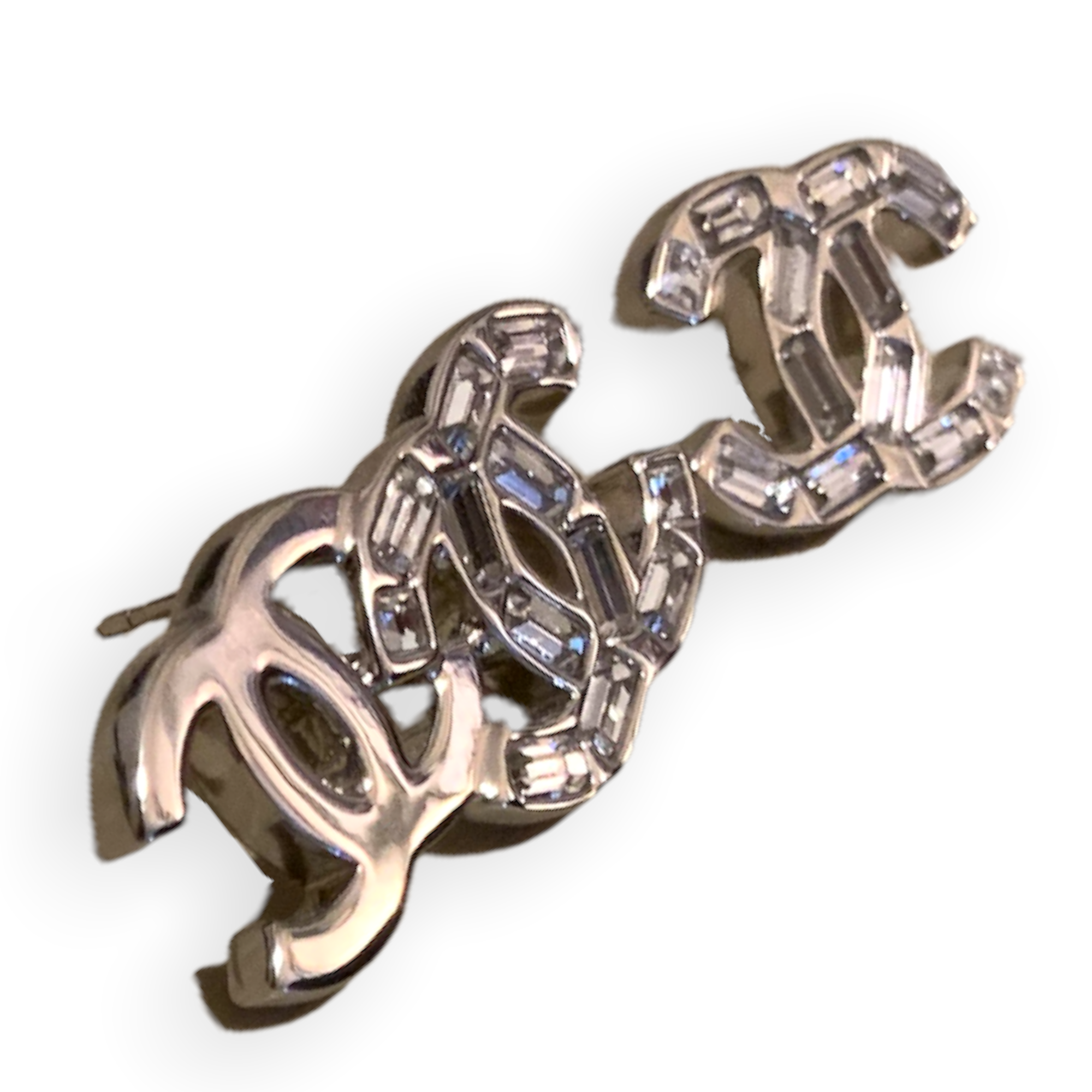 Chanel Silver interlocking CC Logo and Baguette Crystal Stud Earrings