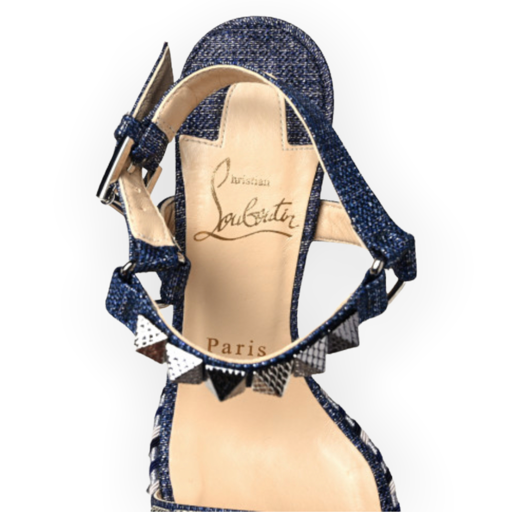 CHRISTIAN LOUBOUTIN Denim Lame Lux Pyraclou 110 Wedge Sandals |Size: 39|