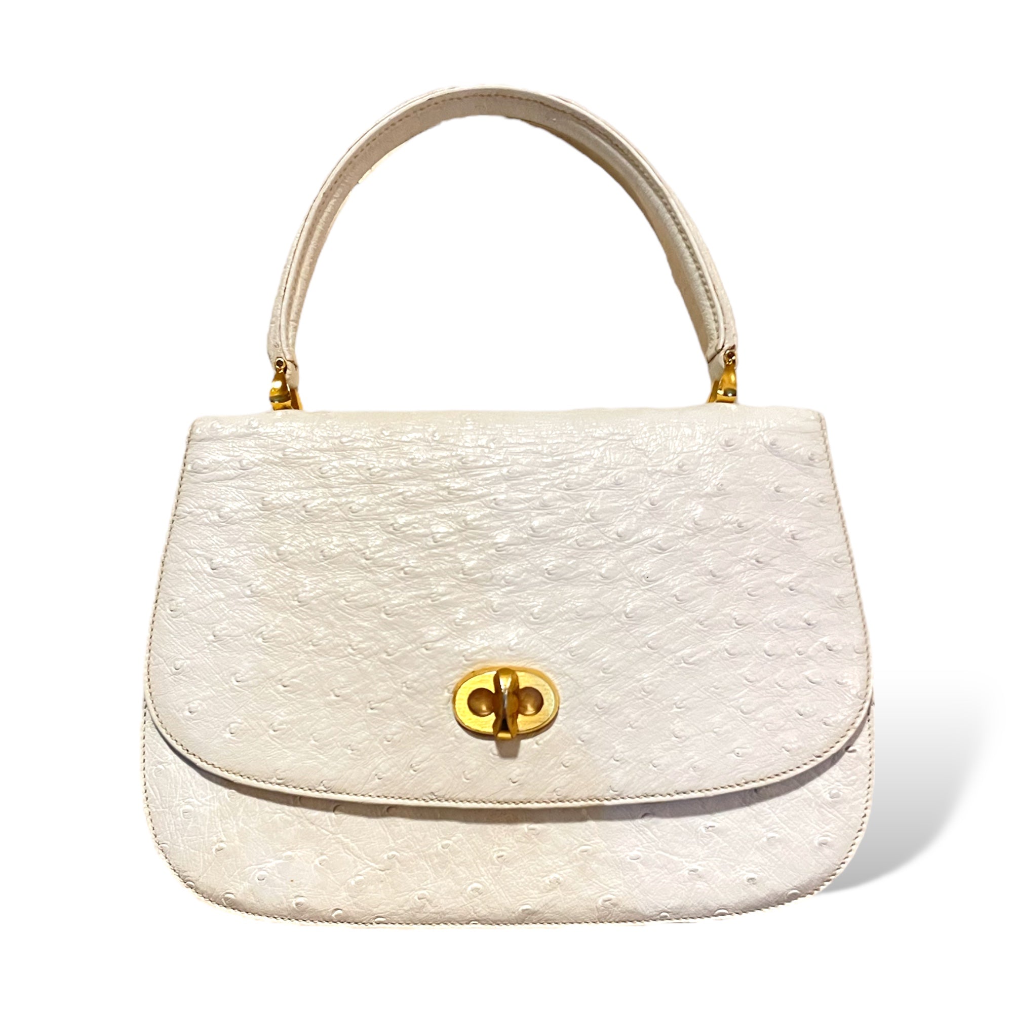 Gucci Bone White Ostrich Top Handle with Gold Turn Lock Clasp Circa 1950's