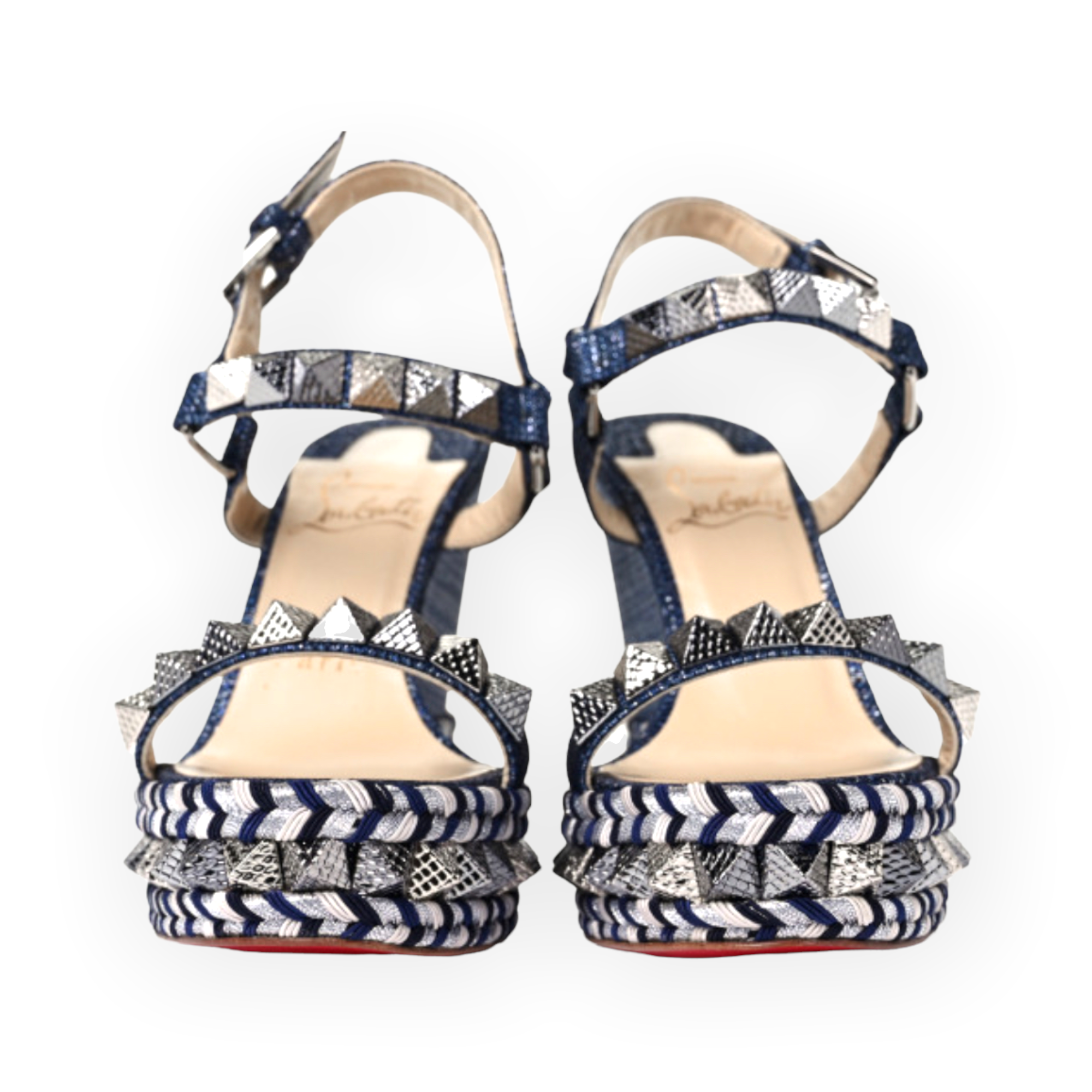 CHRISTIAN LOUBOUTIN Denim Lame Lux Pyraclou 110 Wedge Sandals |Size: 39|